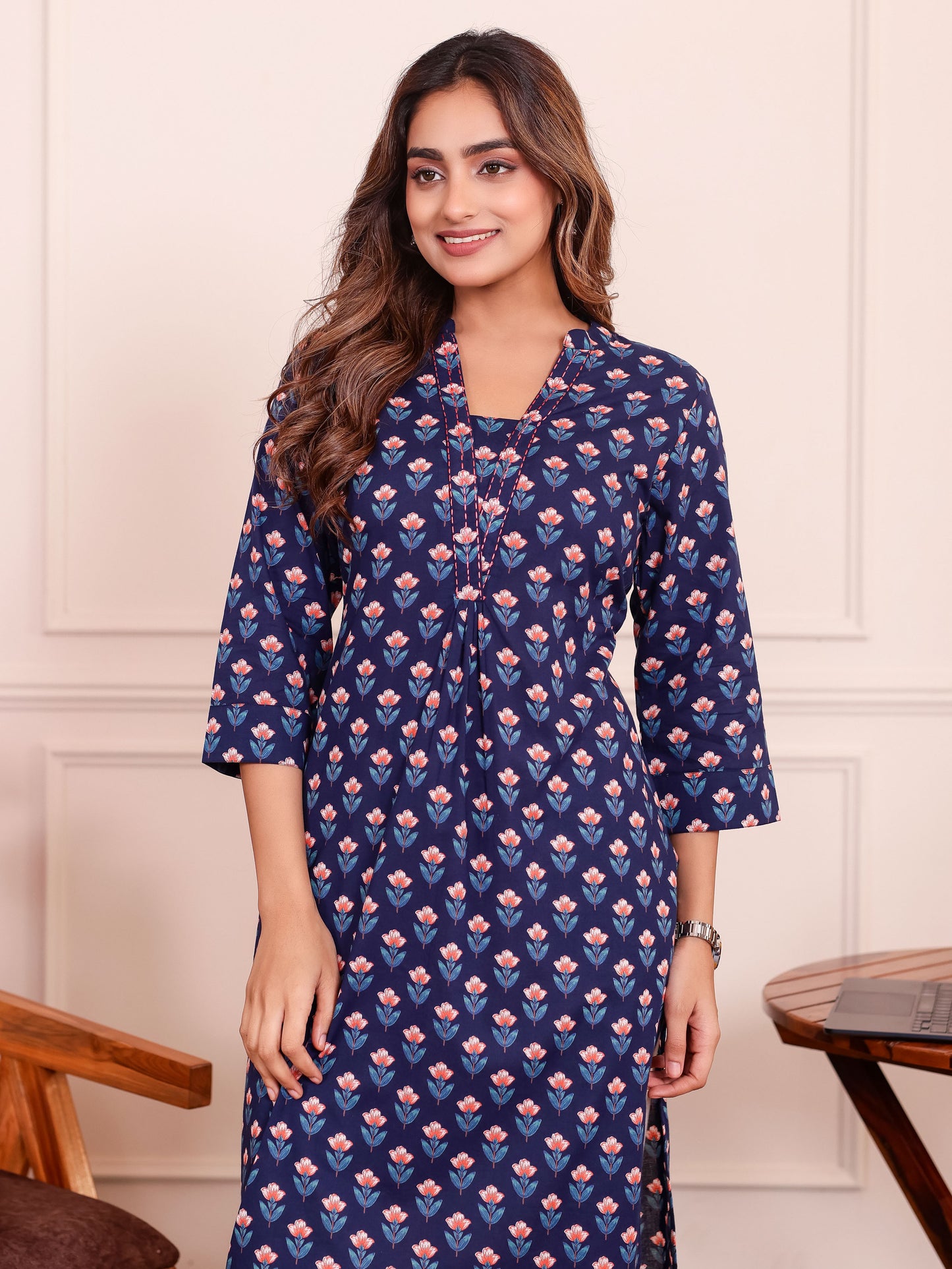 Embroidered Soft Cotton Butta Straight Blue Kurta