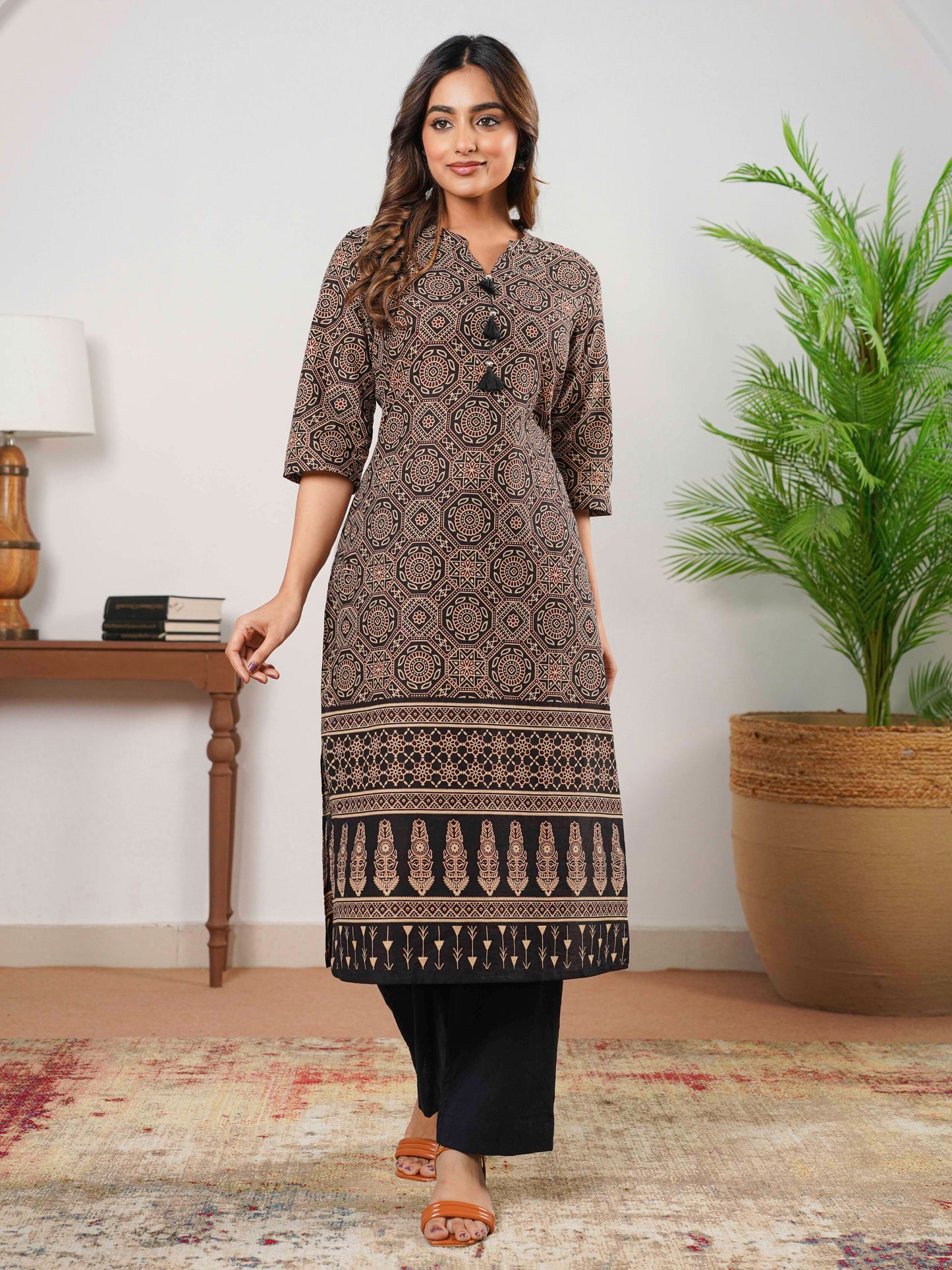 Soft Cotton Ajrakh Straight Black Kurta