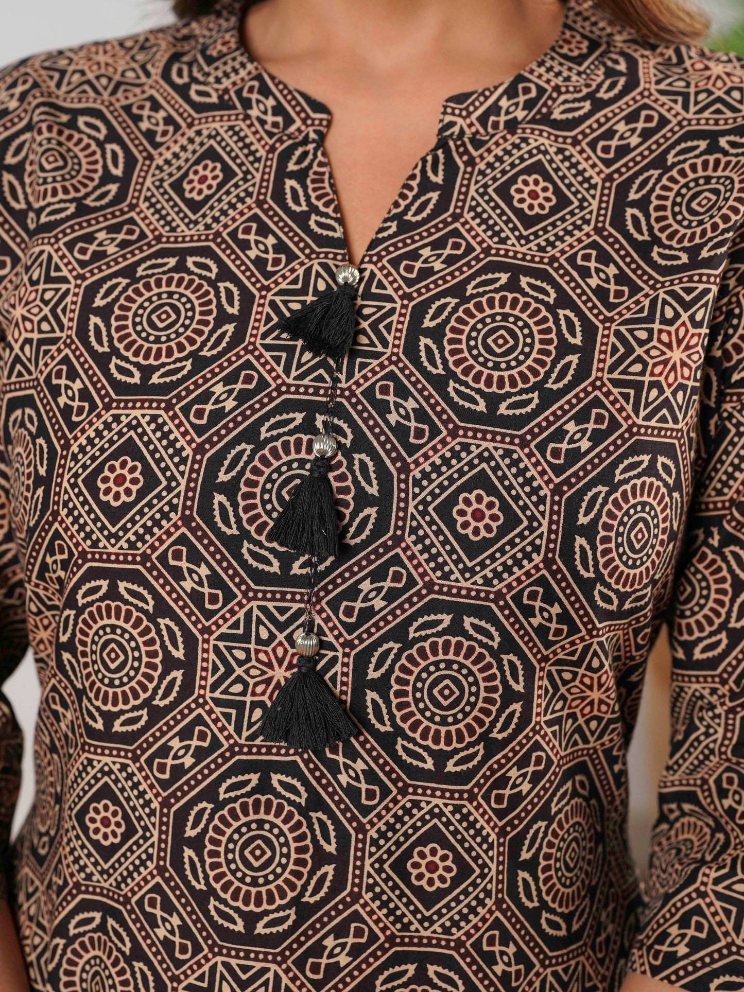 Soft Cotton Ajrakh Straight Black Kurta