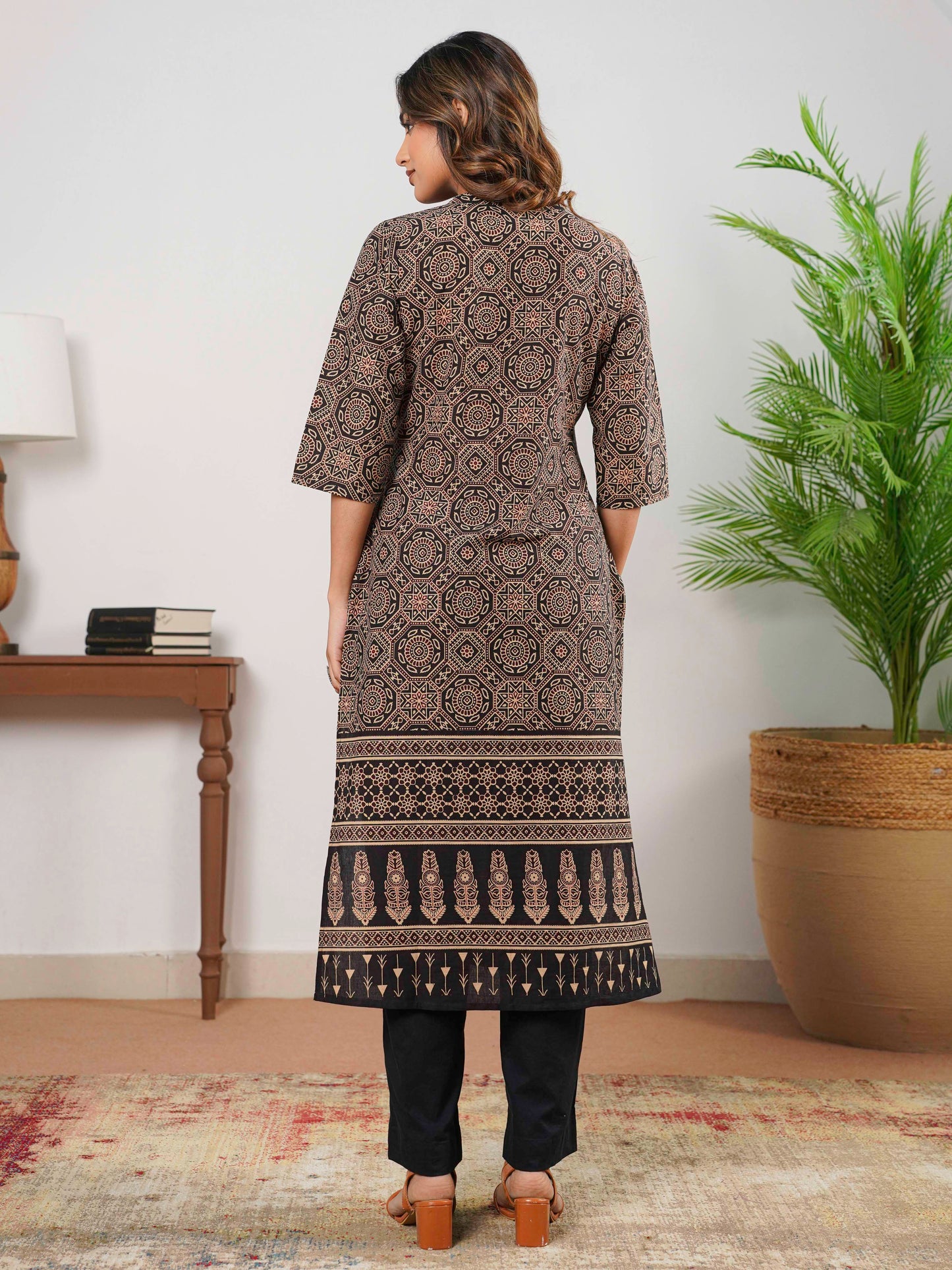 Soft Cotton Ajrakh Straight Black Kurta