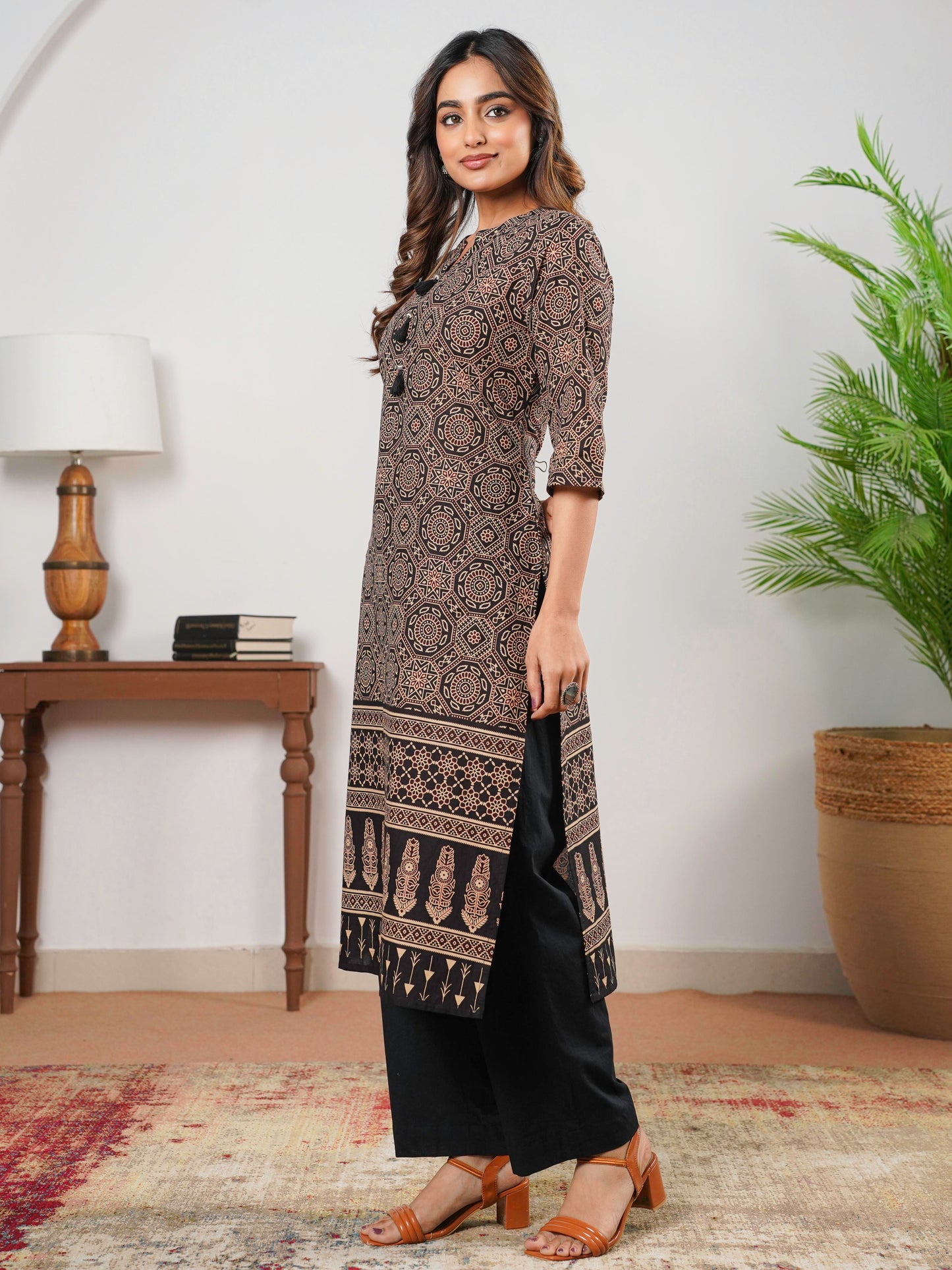 Soft Cotton Ajrakh Straight Black Kurta
