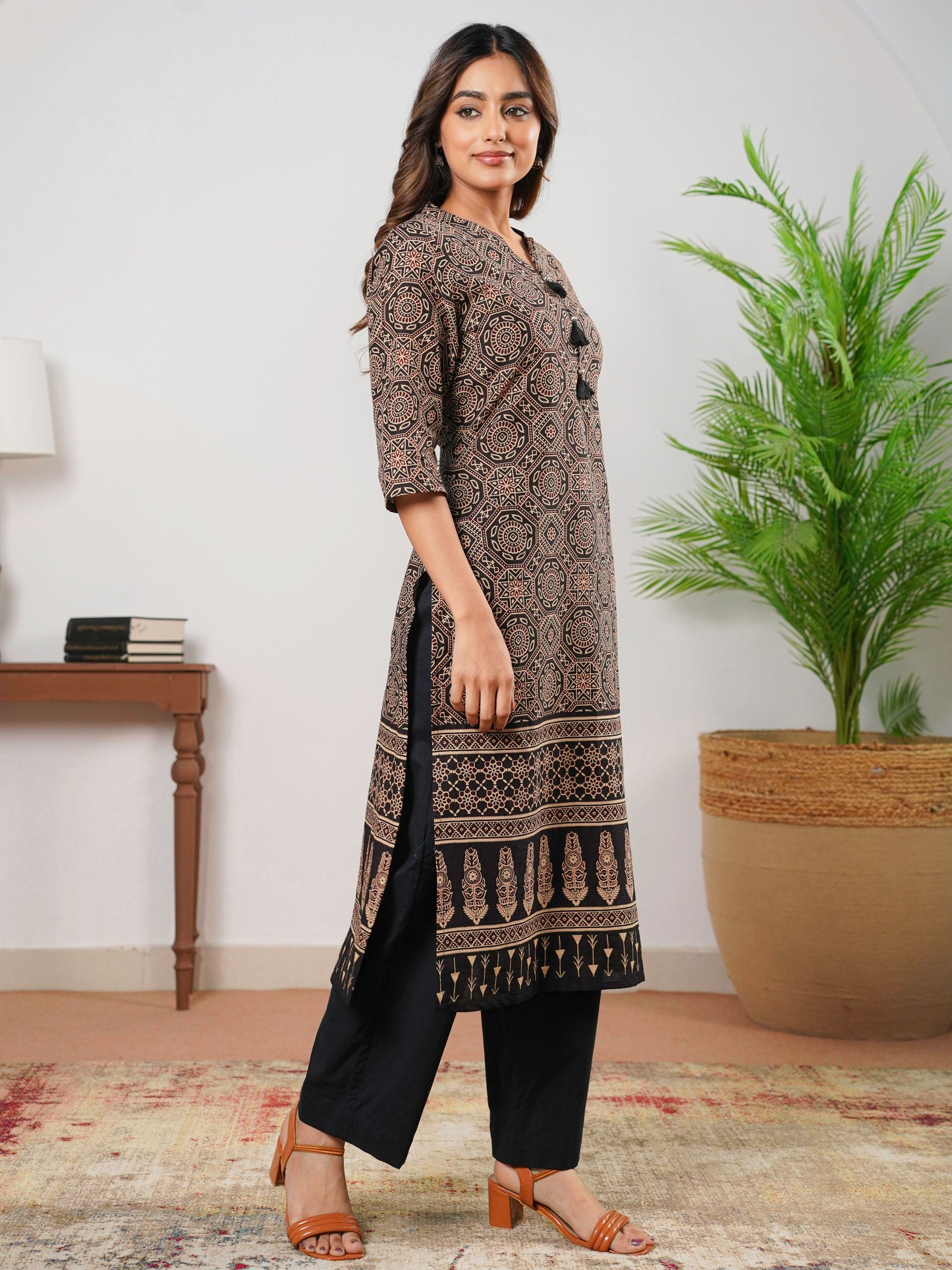 Soft Cotton Ajrakh Straight Black Kurta