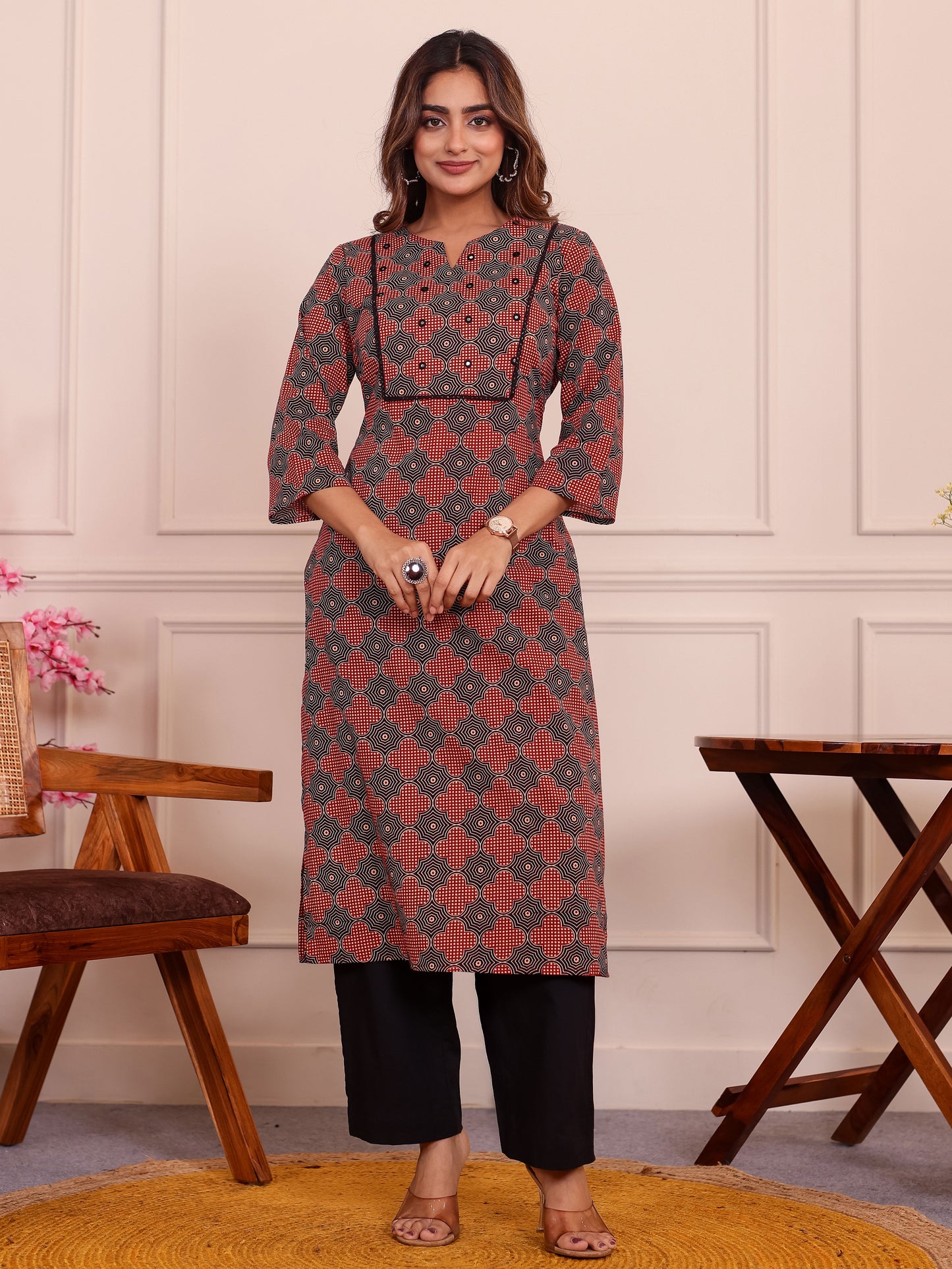 Embroidered Soft Cotton Geometric Straight Rust Kurta