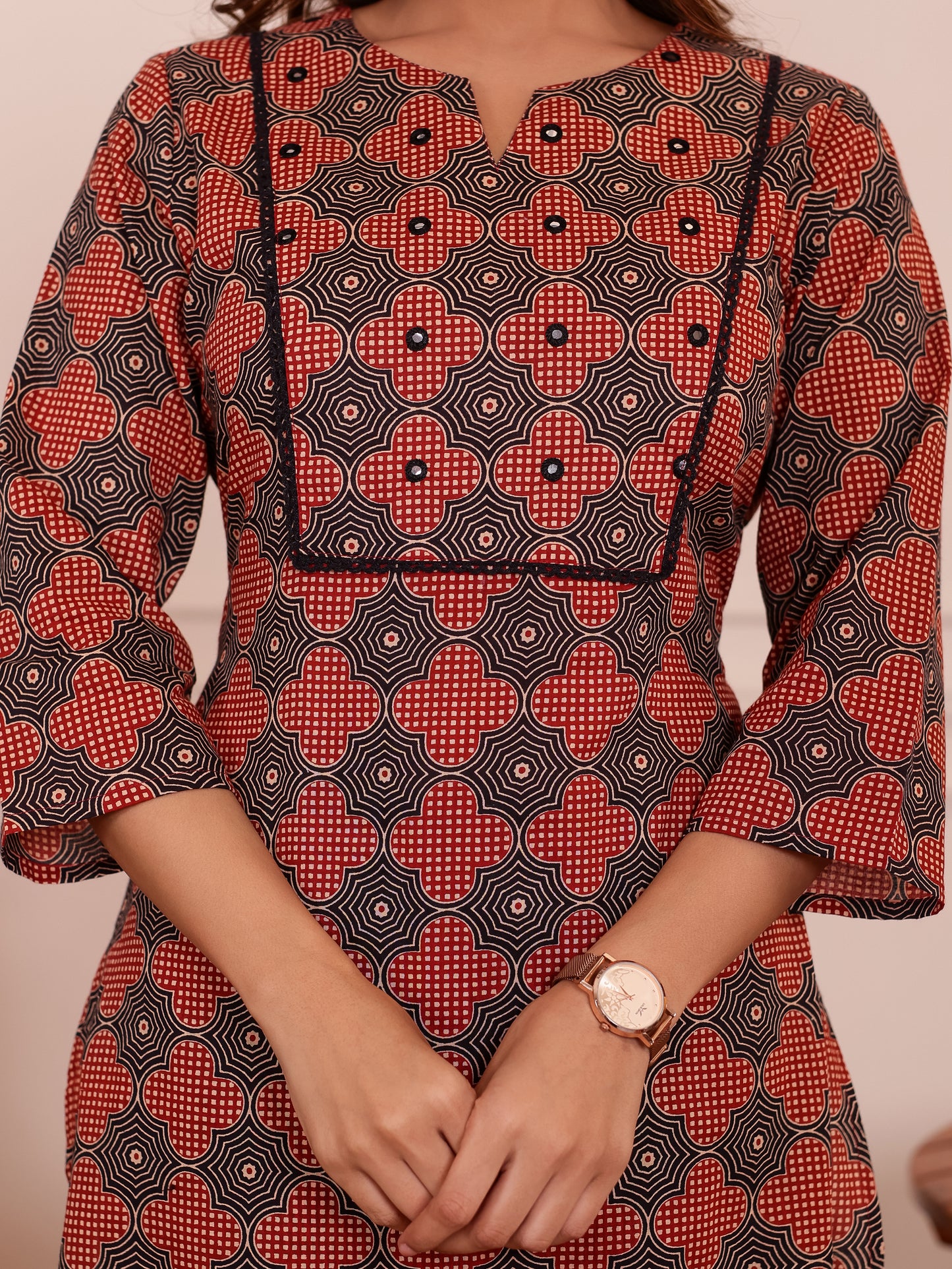 Embroidered Soft Cotton Geometric Straight Rust Kurta