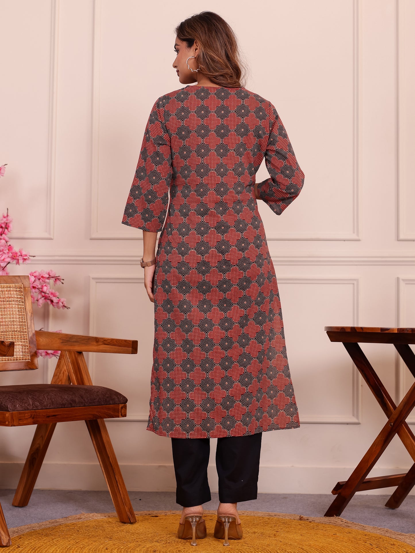 Embroidered Soft Cotton Geometric Straight Rust Kurta
