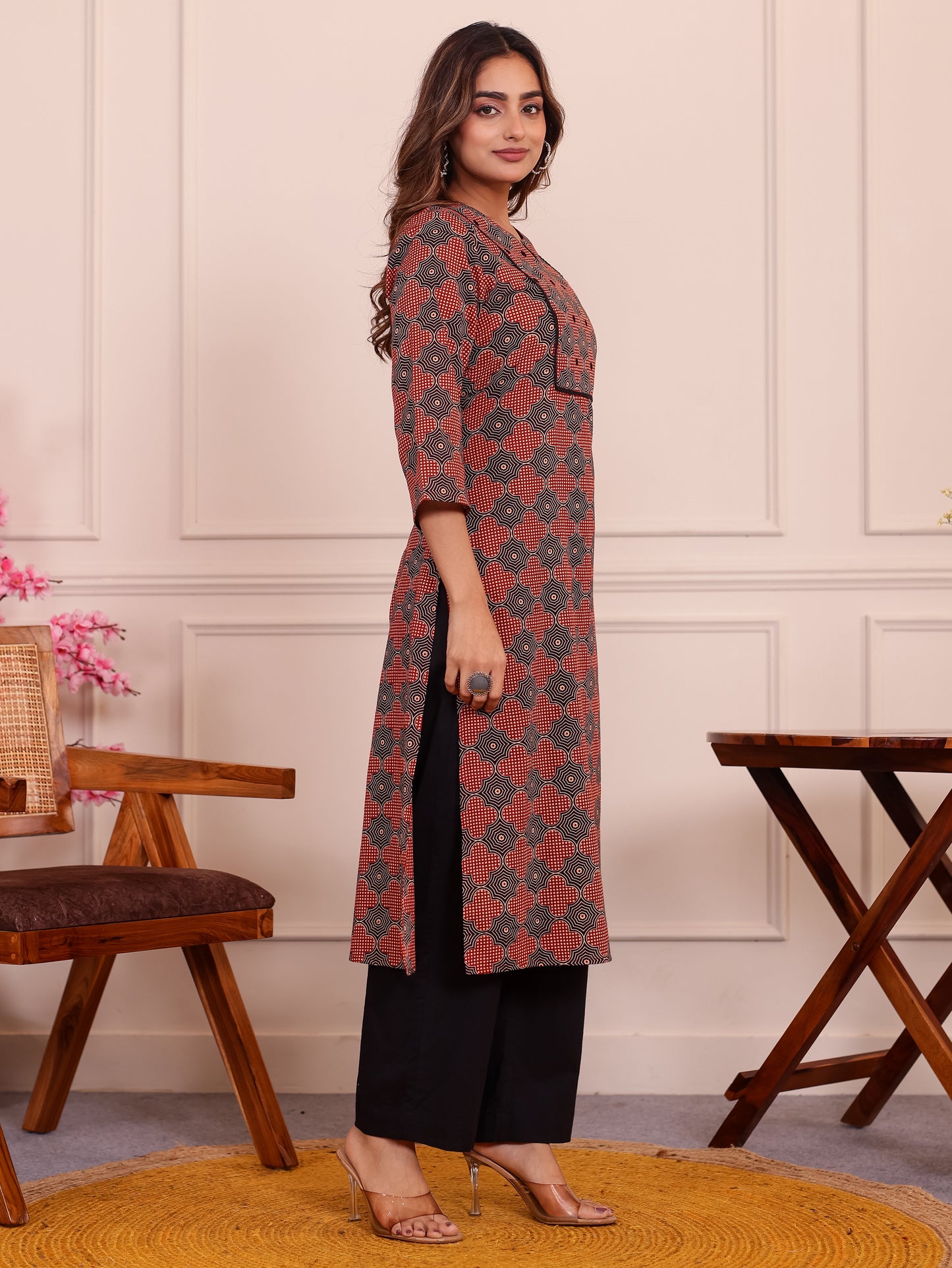 Embroidered Soft Cotton Geometric Straight Rust Kurta