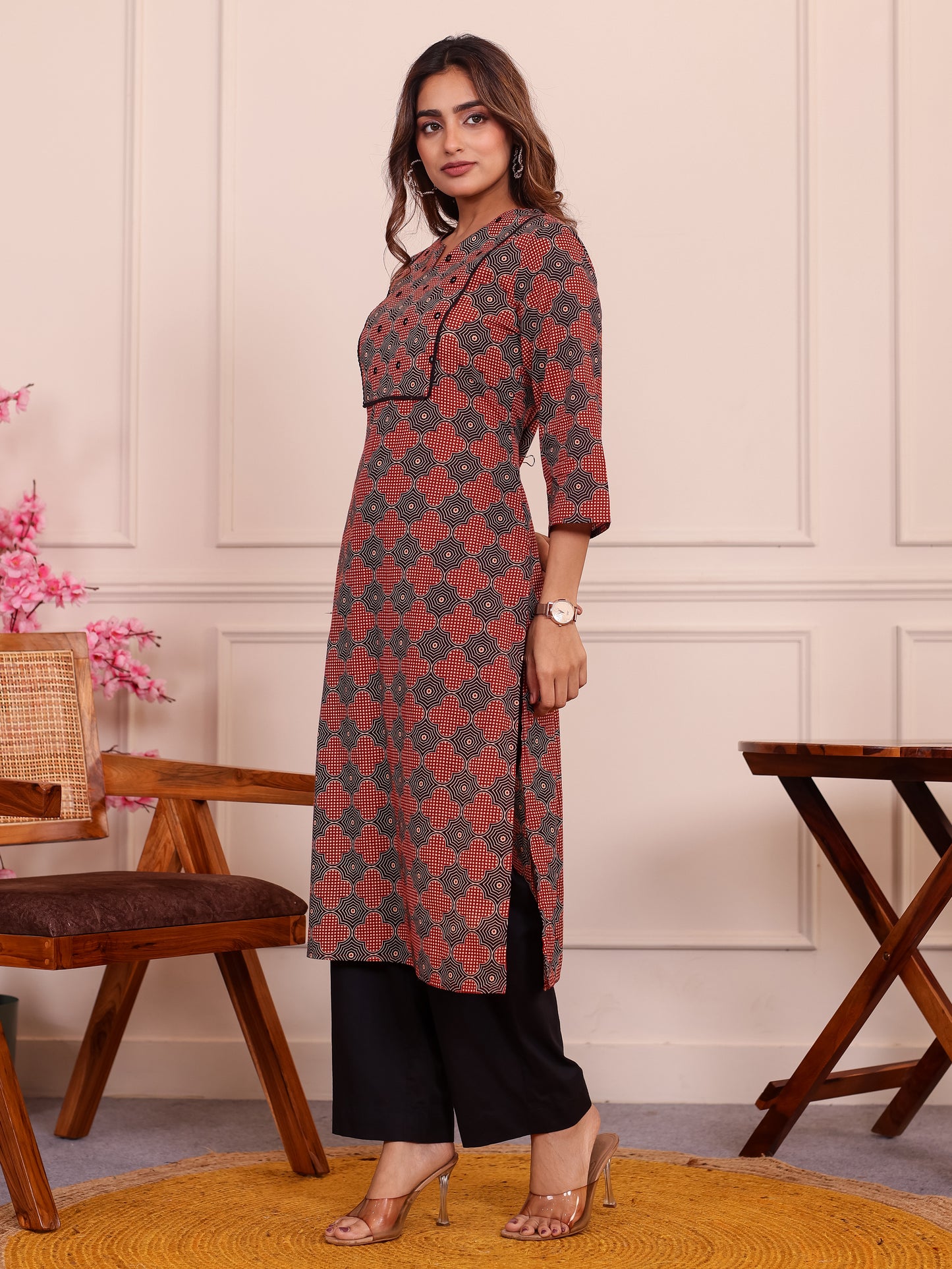 Embroidered Soft Cotton Geometric Straight Rust Kurta