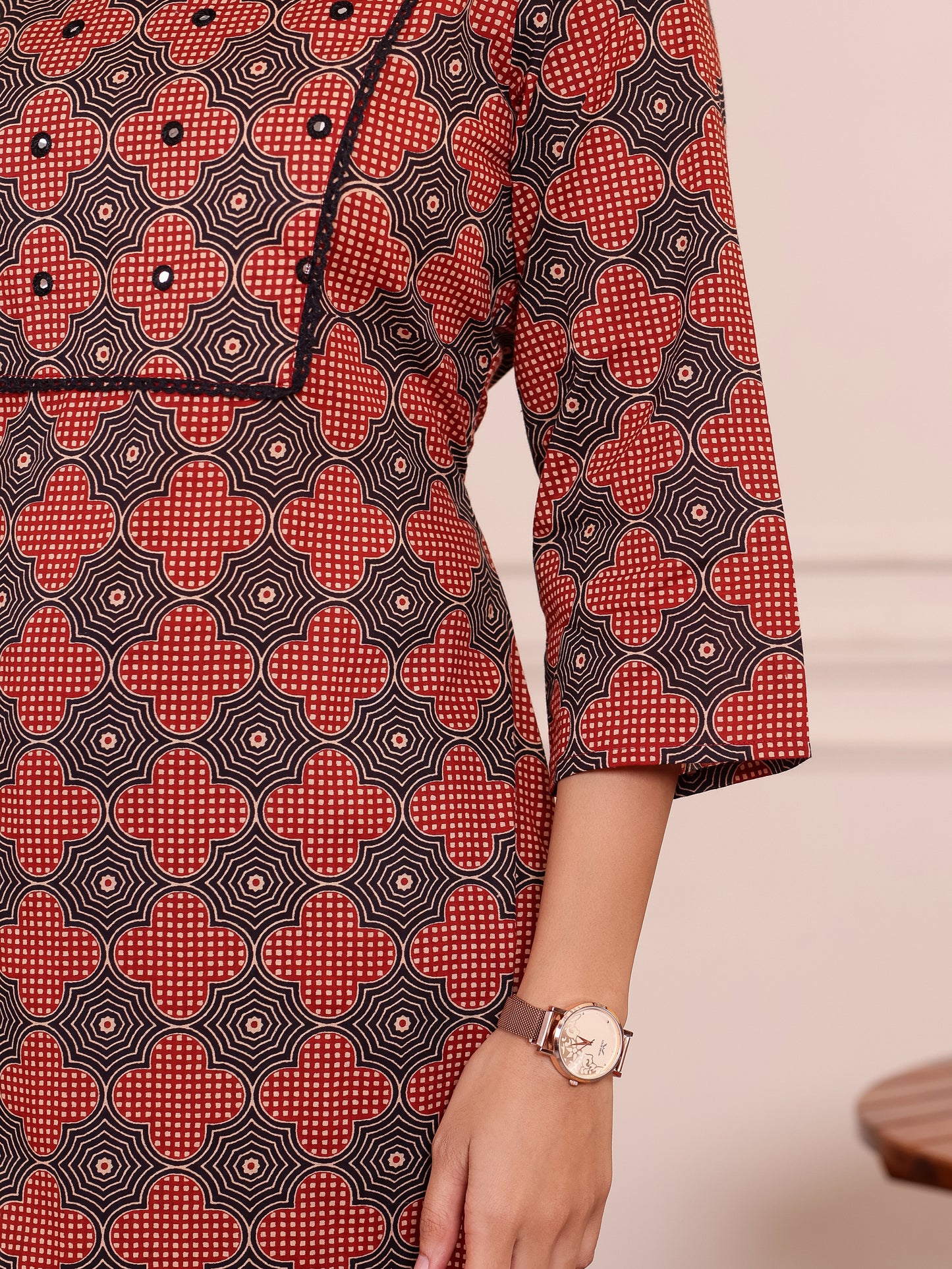 Embroidered Soft Cotton Geometric Straight Rust Kurta