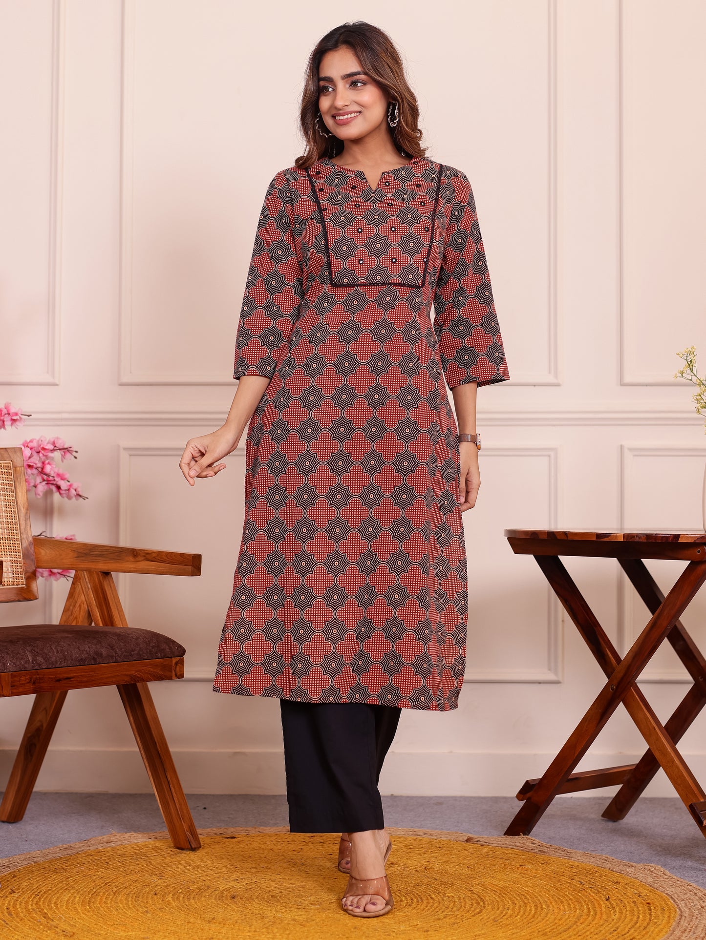 Embroidered Soft Cotton Geometric Straight Rust Kurta