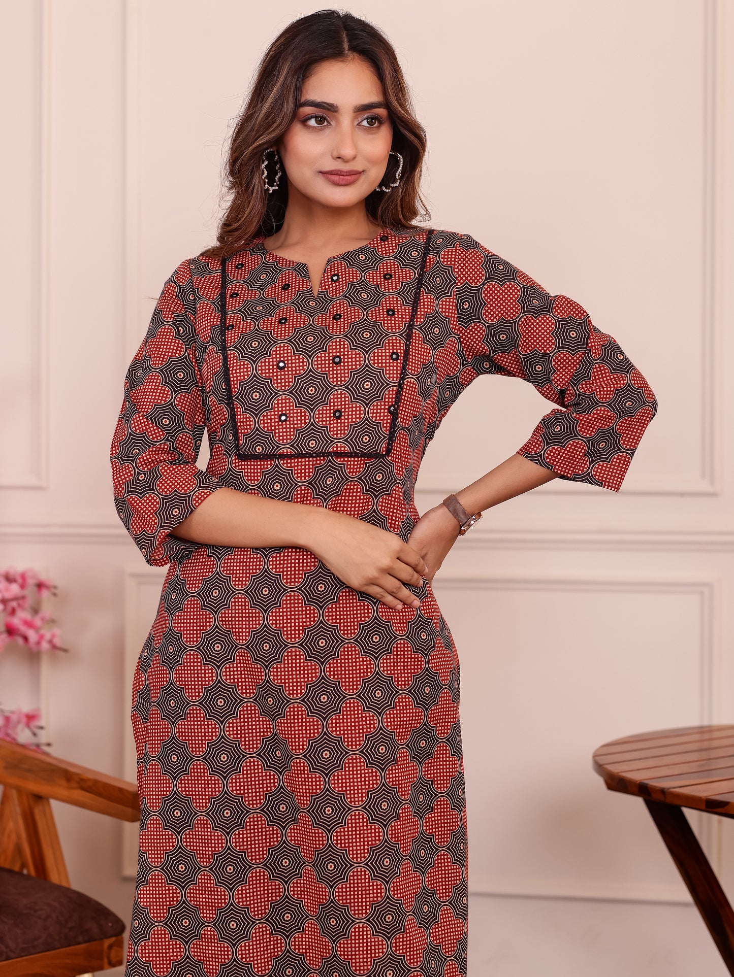 Embroidered Soft Cotton Geometric Straight Rust Kurta