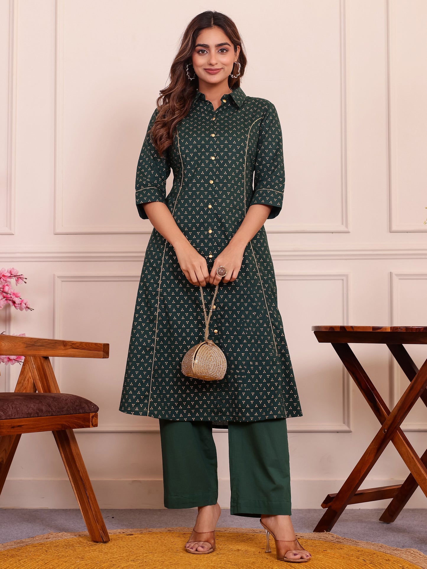 Soft Cotton Gold foil Flared Green Kurta