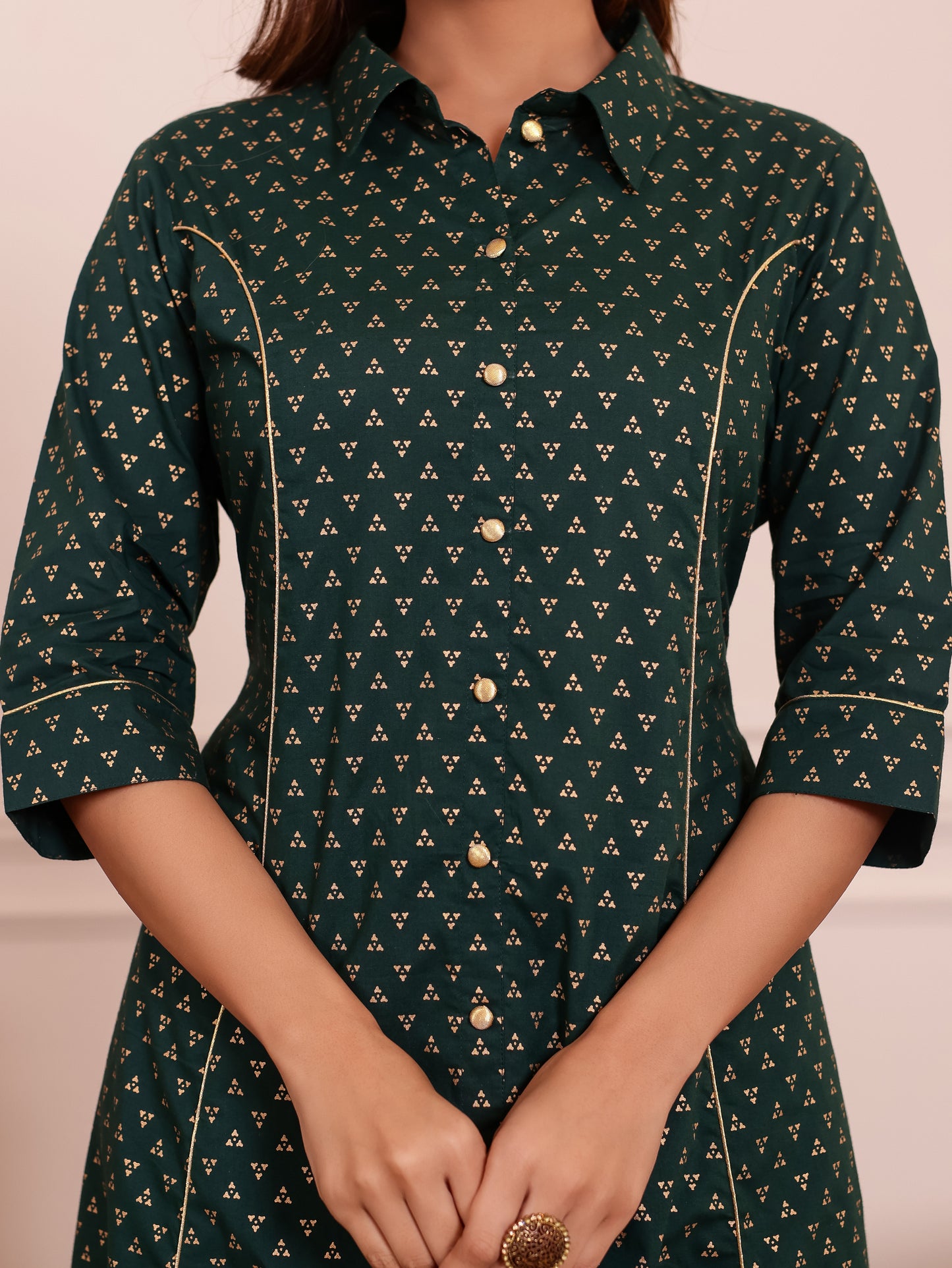 Soft Cotton Gold foil Flared Green Kurta