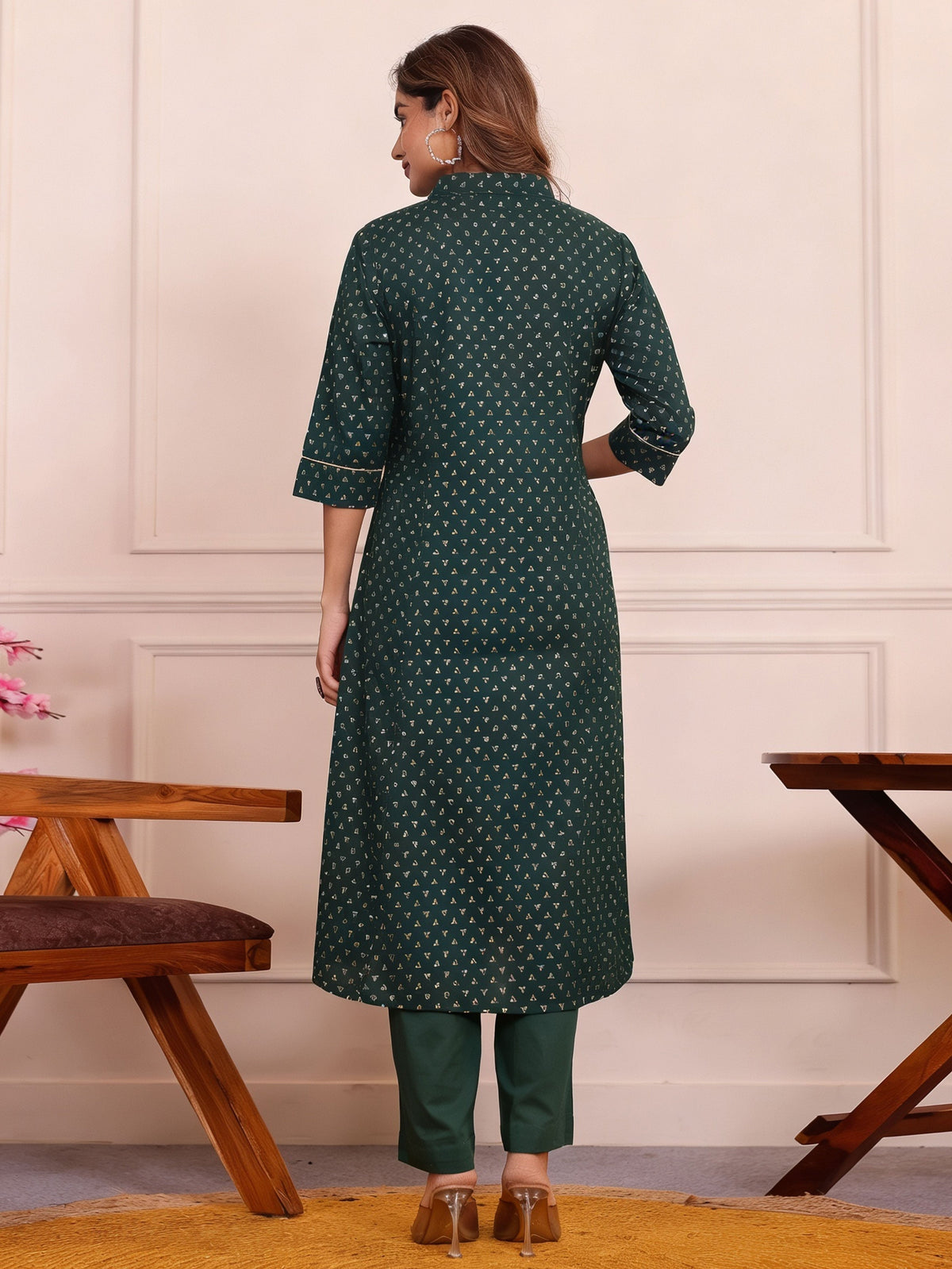 Soft Cotton Gold foil Flared Green Kurta