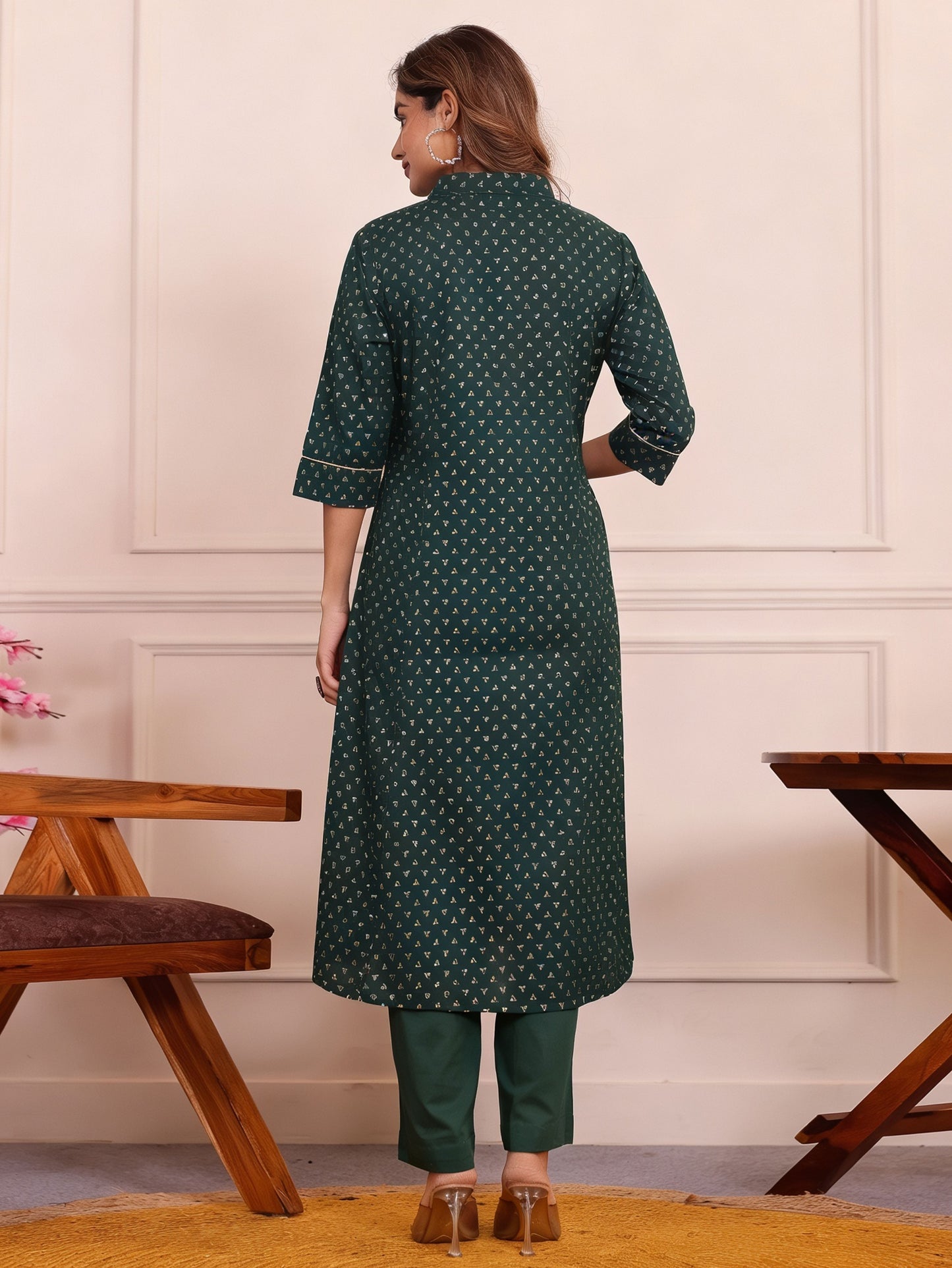 Soft Cotton Gold foil Flared Green Kurta