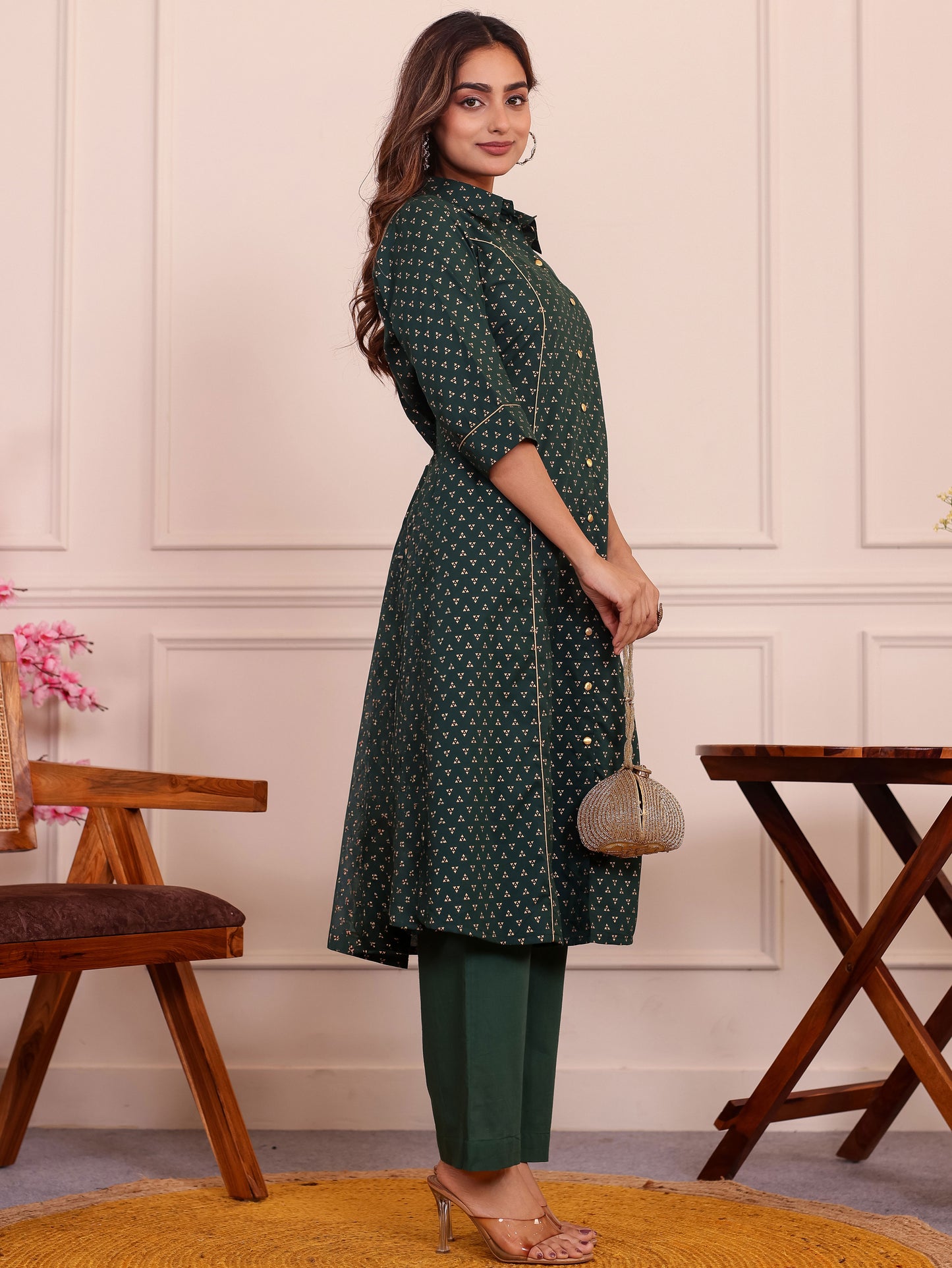 Soft Cotton Gold foil Flared Green Kurta