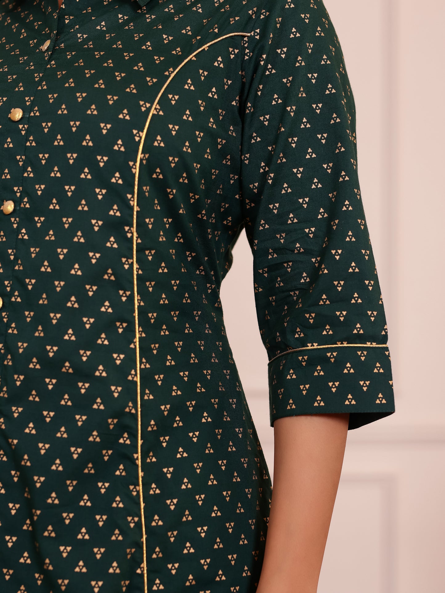 Soft Cotton Gold foil Flared Green Kurta