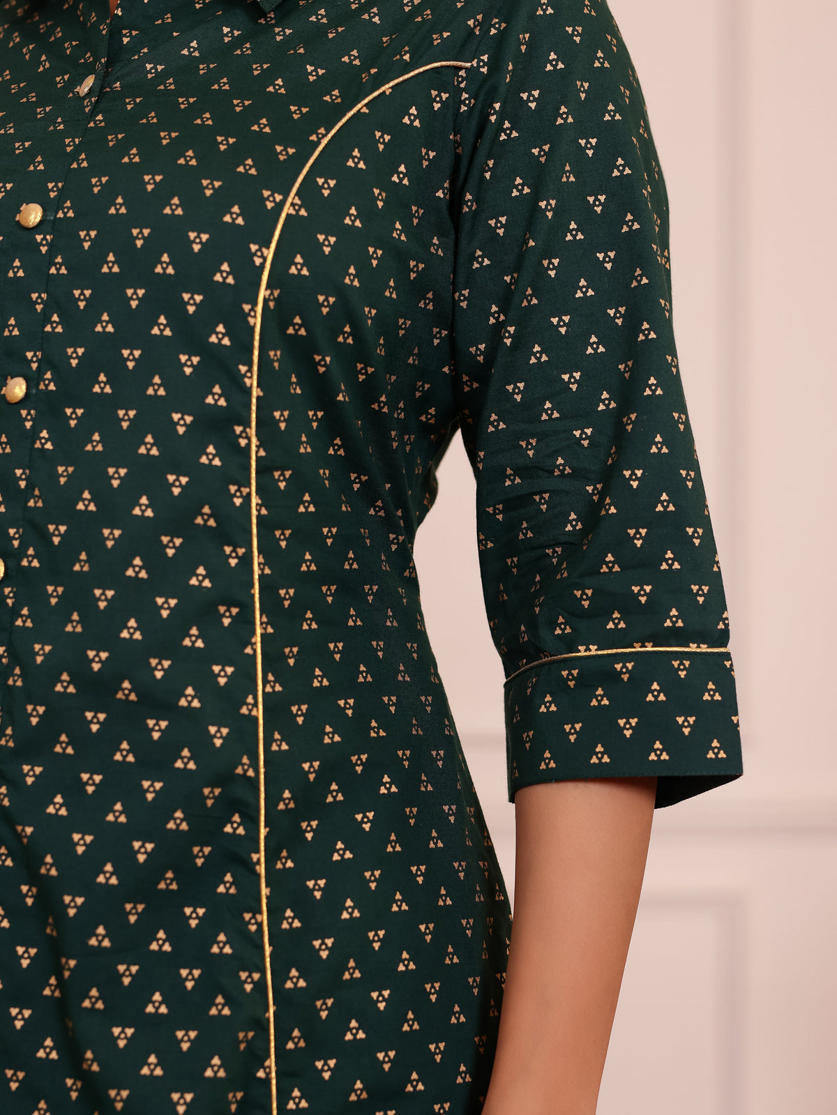 Soft Cotton Gold foil Flared Green Kurta