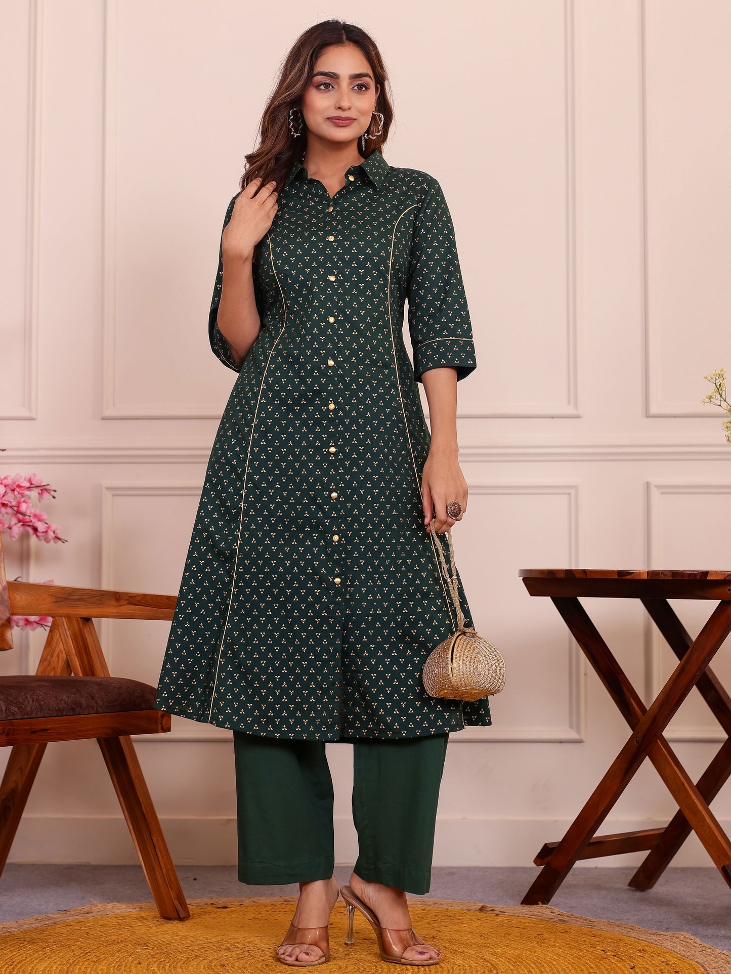 Soft Cotton Gold foil Flared Green Kurta