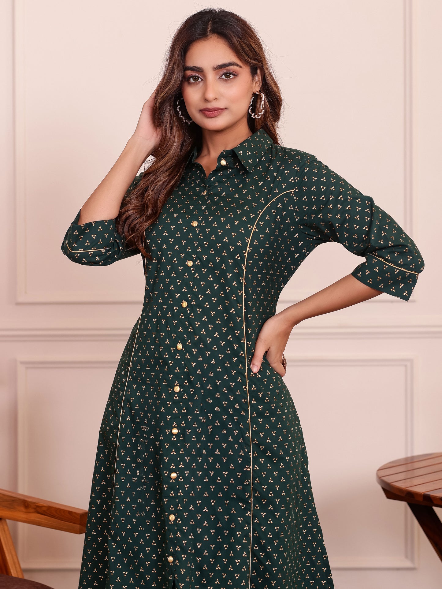 Soft Cotton Gold foil Flared Green Kurta