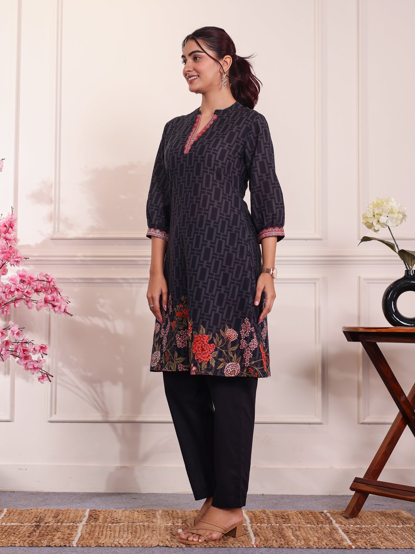 Soft Cotton Placement Print A-line Black Kurta