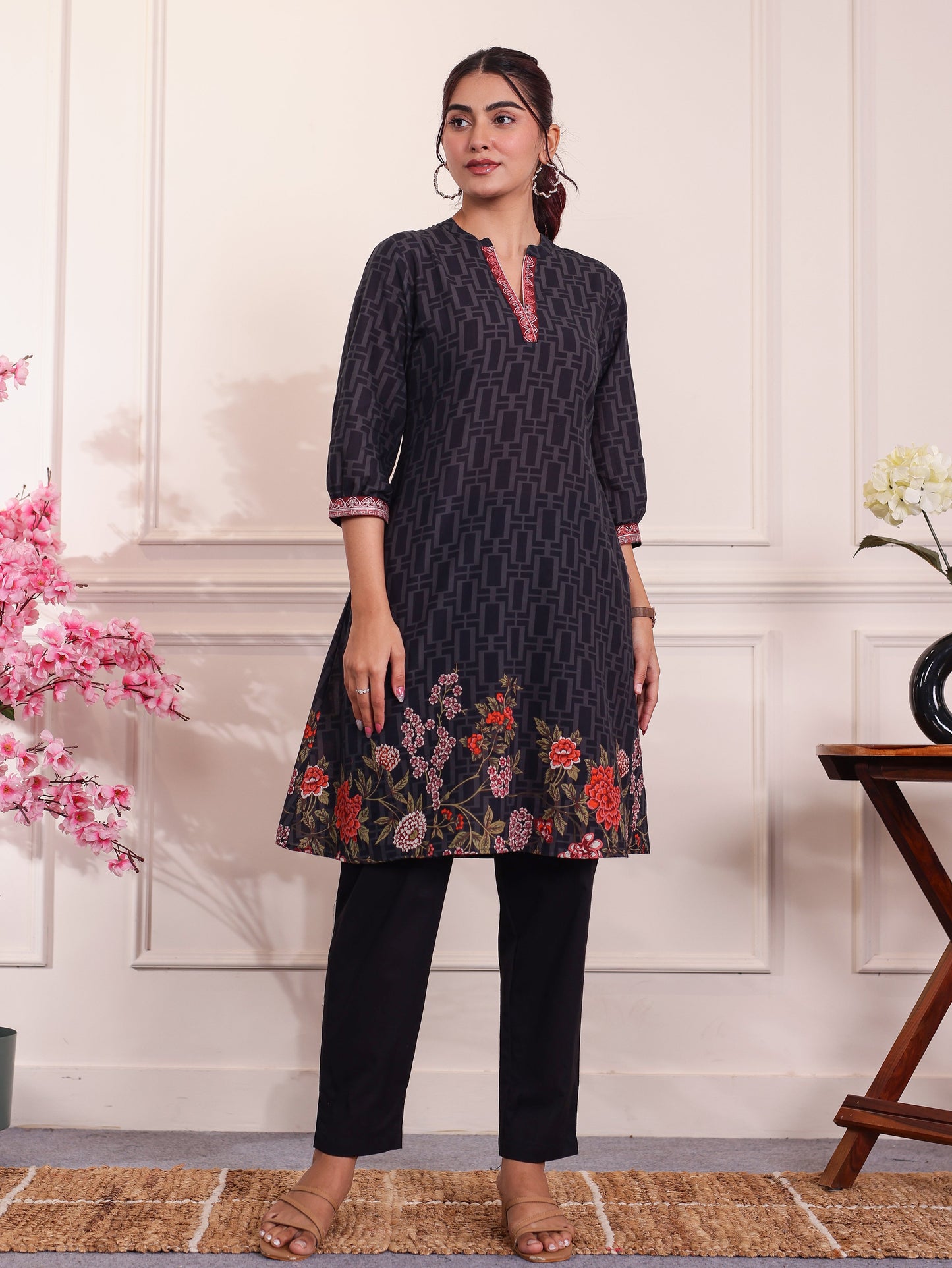 Soft Cotton Placement Print A-line Black Kurta