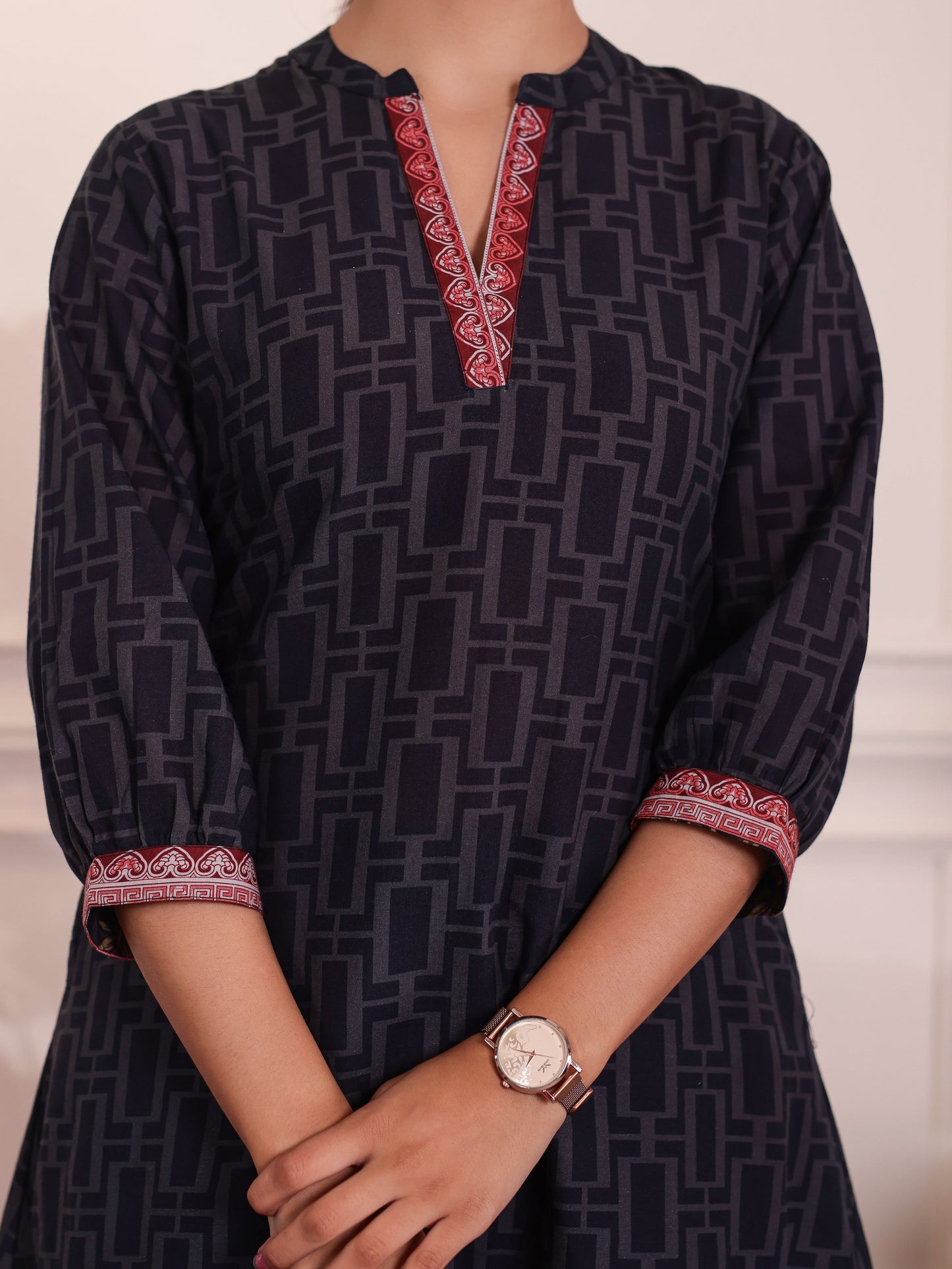 Soft Cotton Placement Print A-line Black Kurta