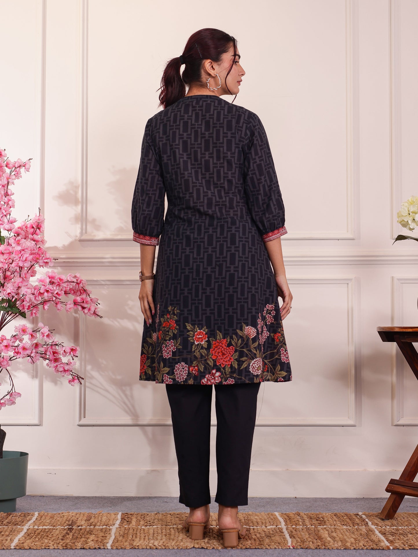 Soft Cotton Placement Print A-line Black Kurta