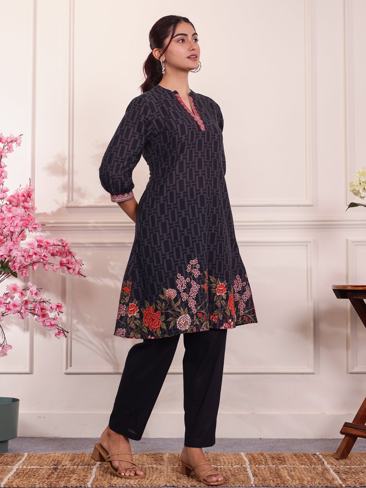 Soft Cotton Placement Print A-line Black Kurta