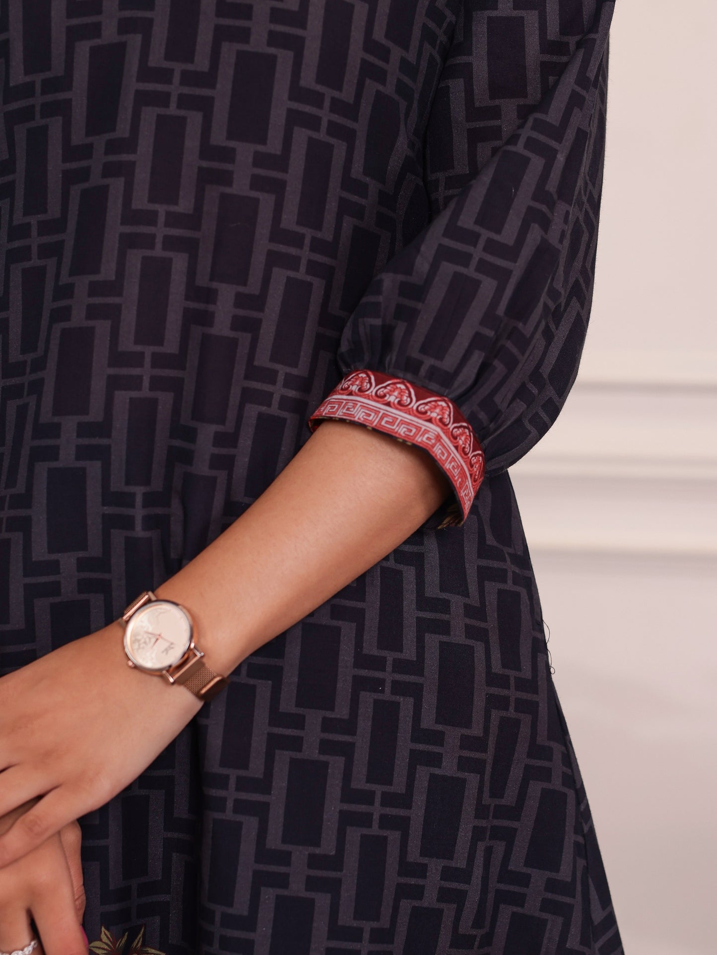 Soft Cotton Placement Print A-line Black Kurta