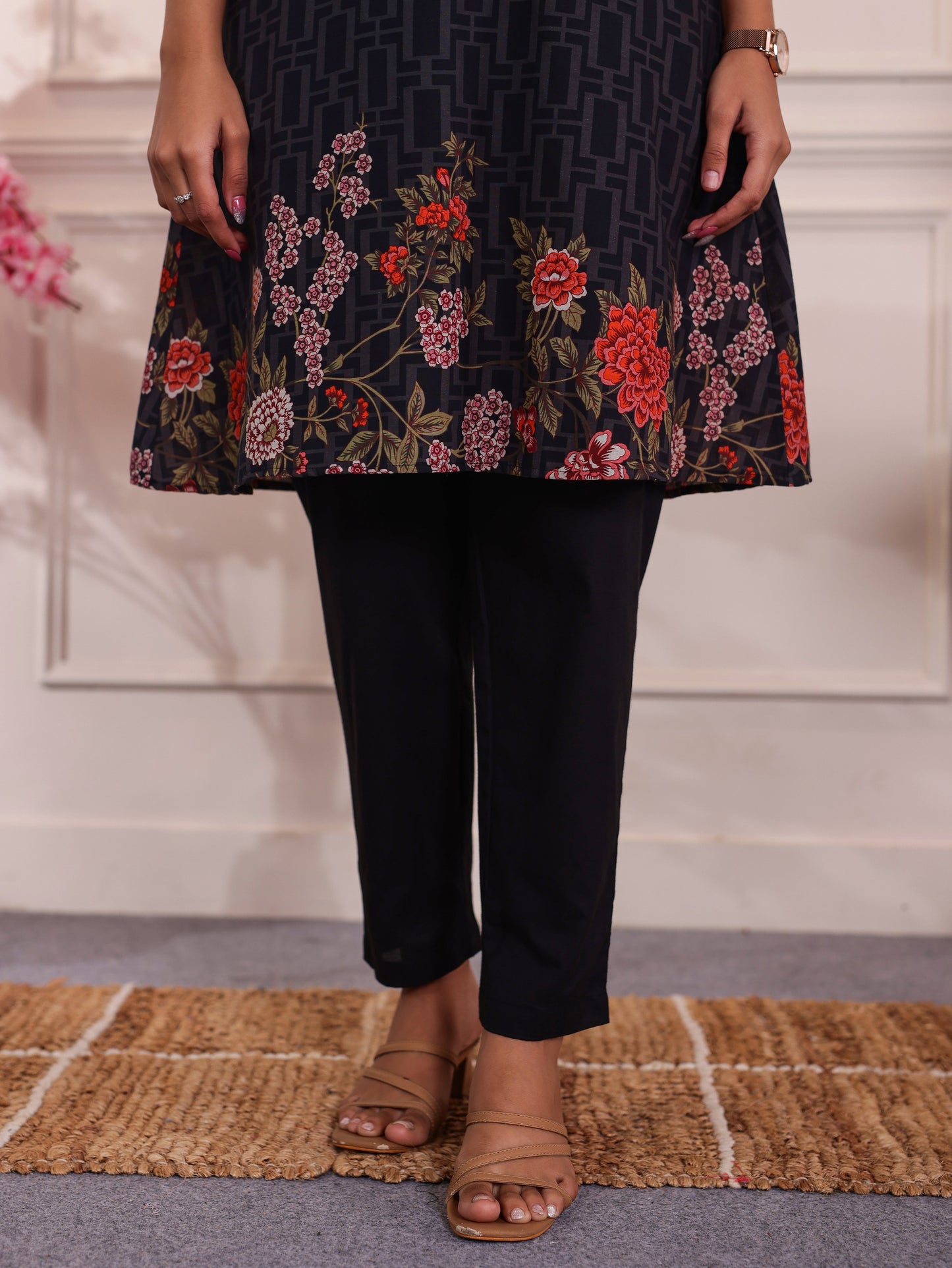 Soft Cotton Placement Print A-line Black Kurta