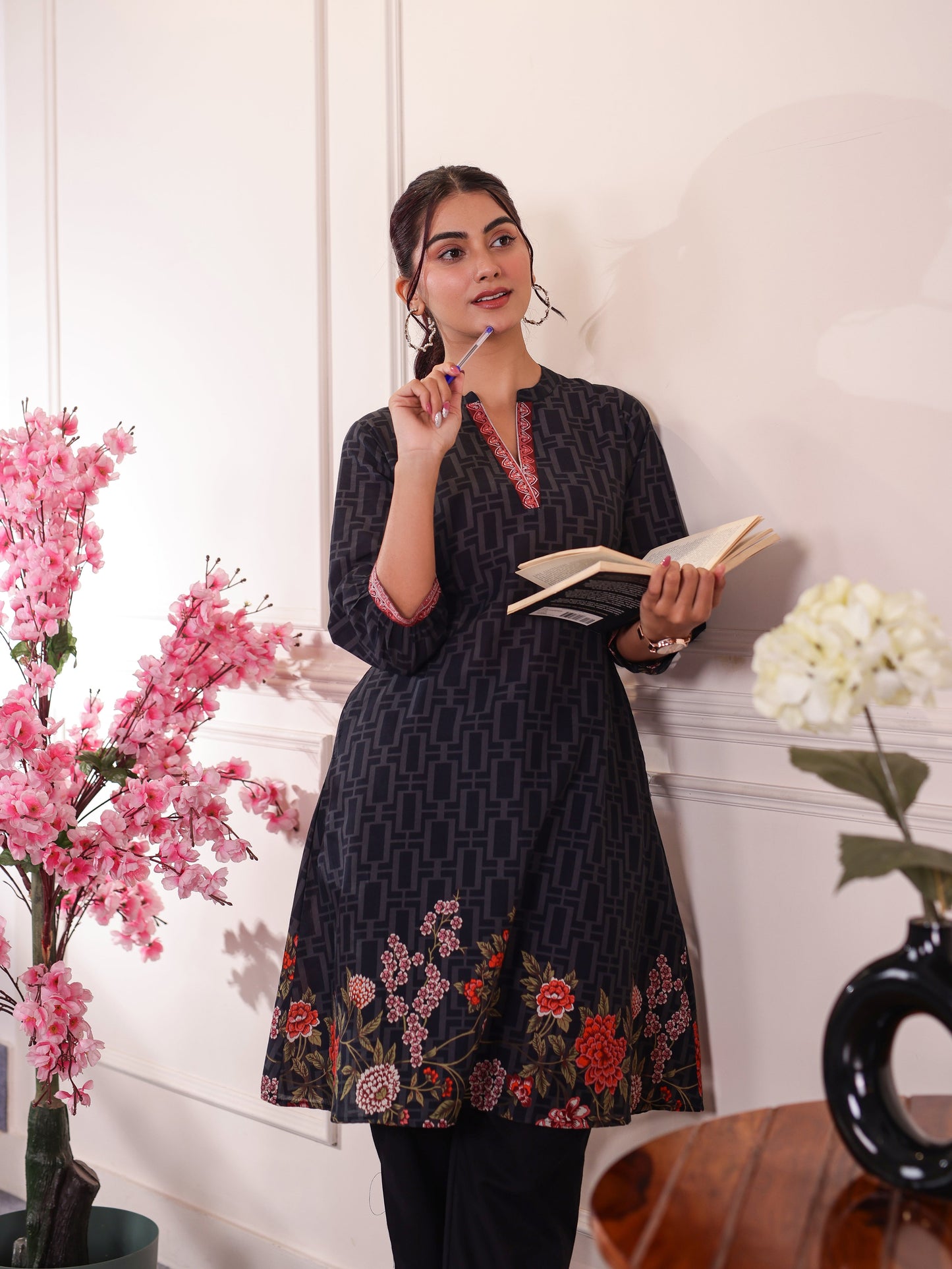 Soft Cotton Placement Print A-line Black Kurta