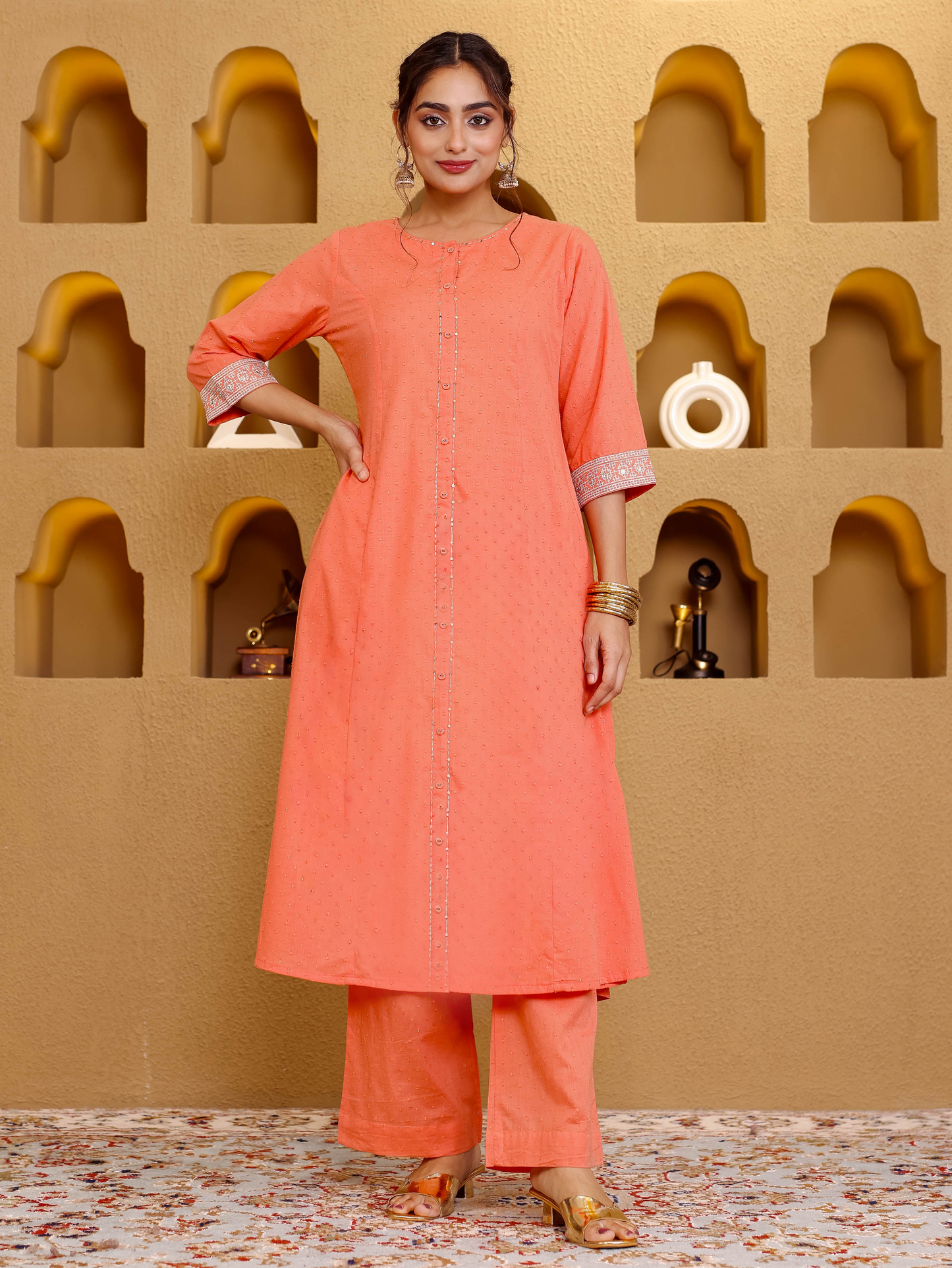 Embroidered Cotton Dobby Solid Flared Peach Kurta
