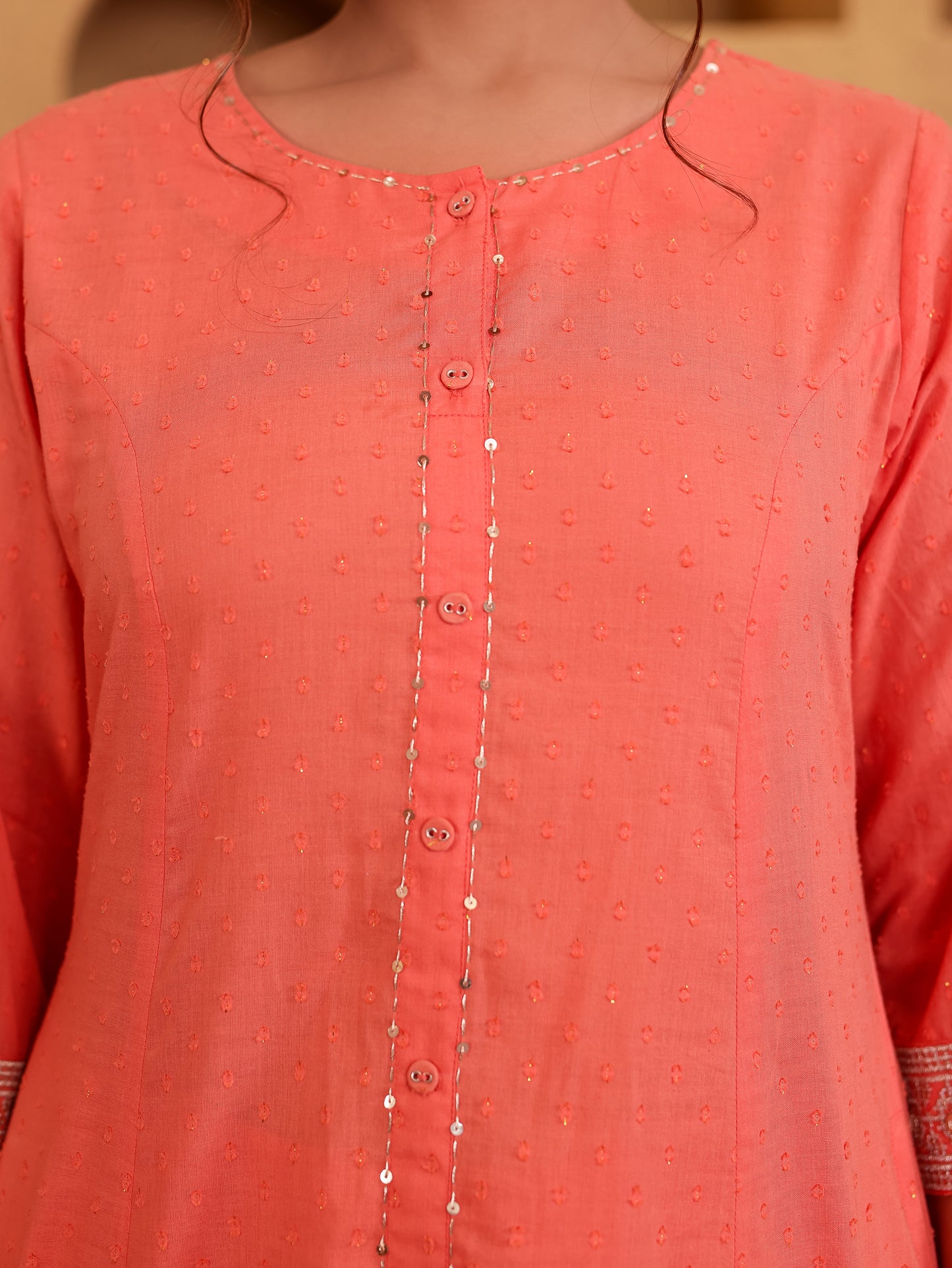 Embroidered Cotton Dobby Solid Flared Peach Kurta