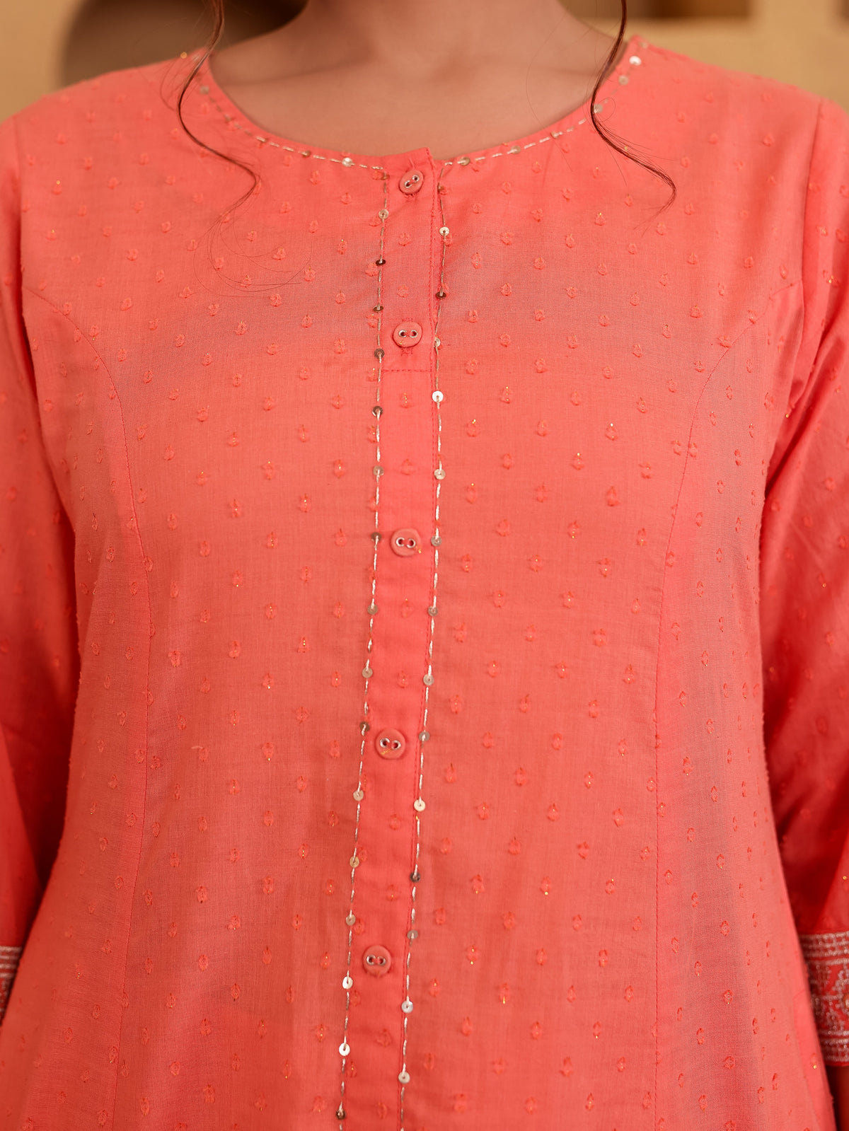 Embroidered Cotton Dobby Solid Flared Peach Kurta