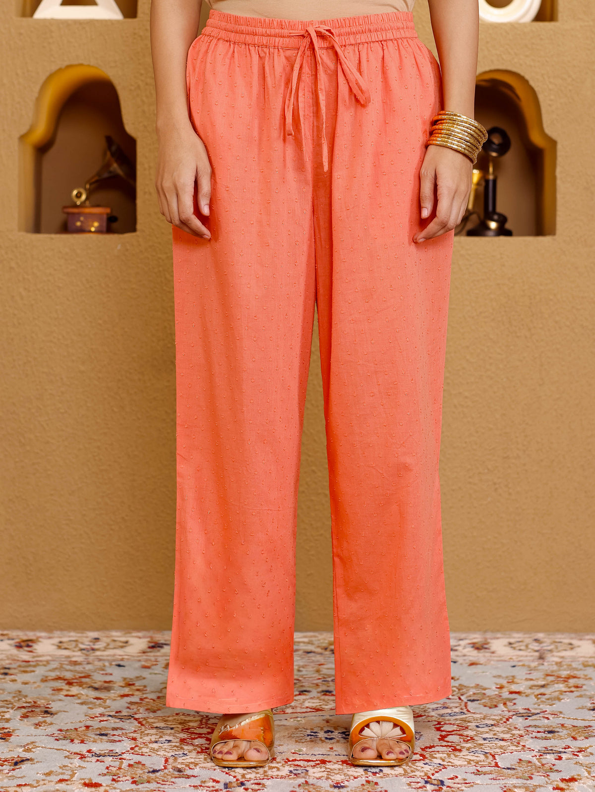 Embroidered Cotton Dobby Solid Flared Peach Kurta