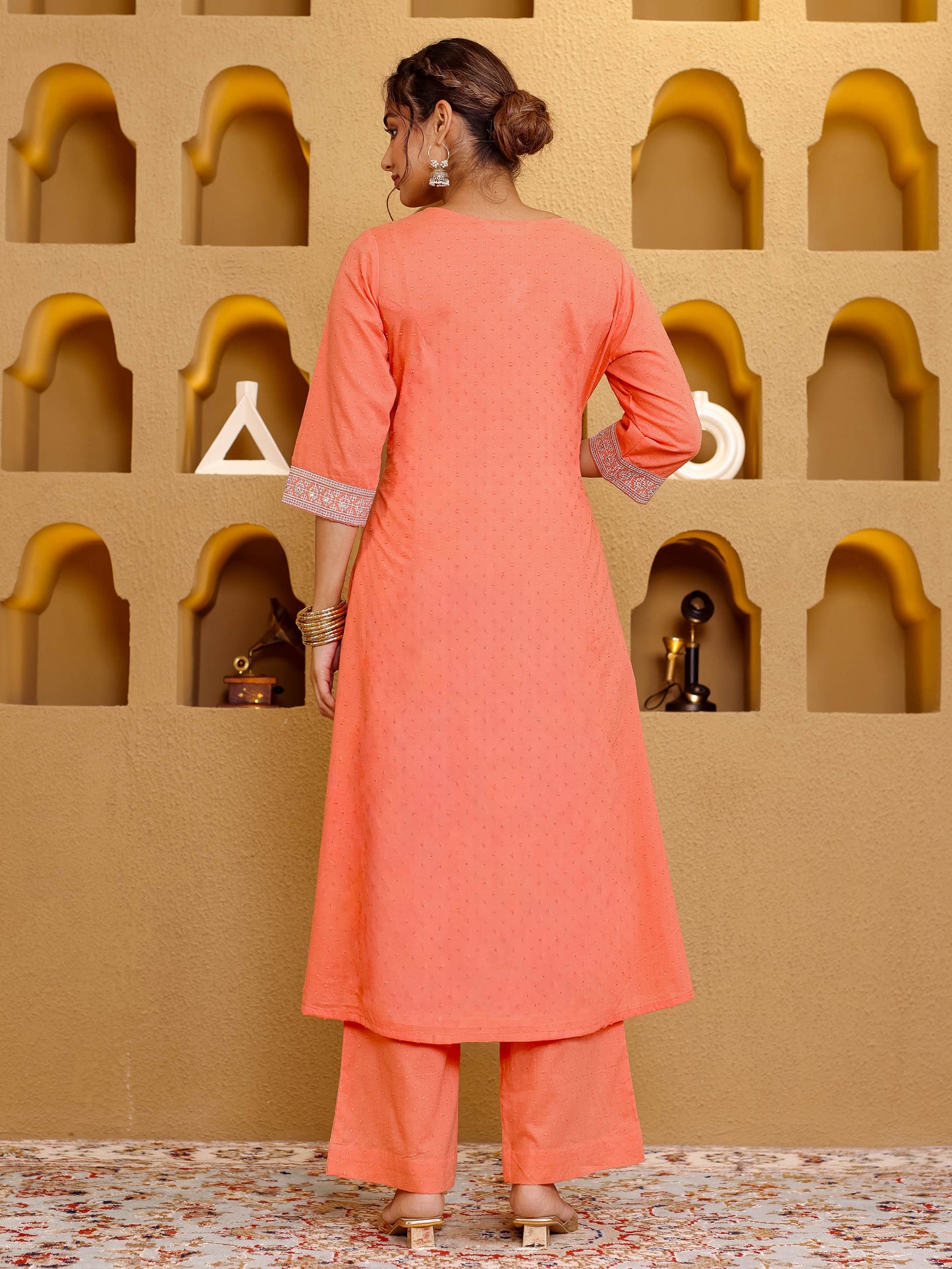 Embroidered Cotton Dobby Solid Flared Peach Kurta