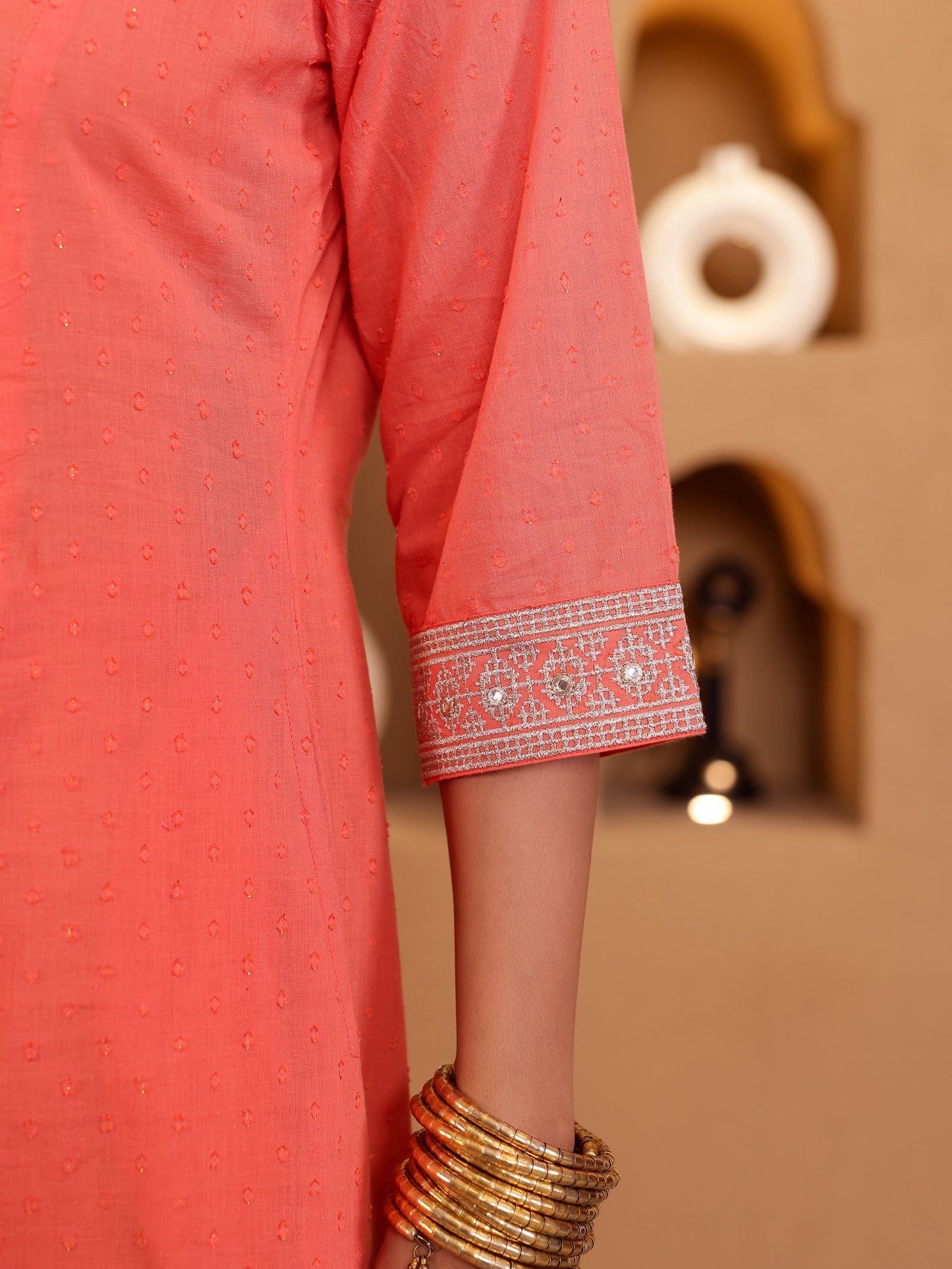 Embroidered Cotton Dobby Solid Flared Peach Kurta