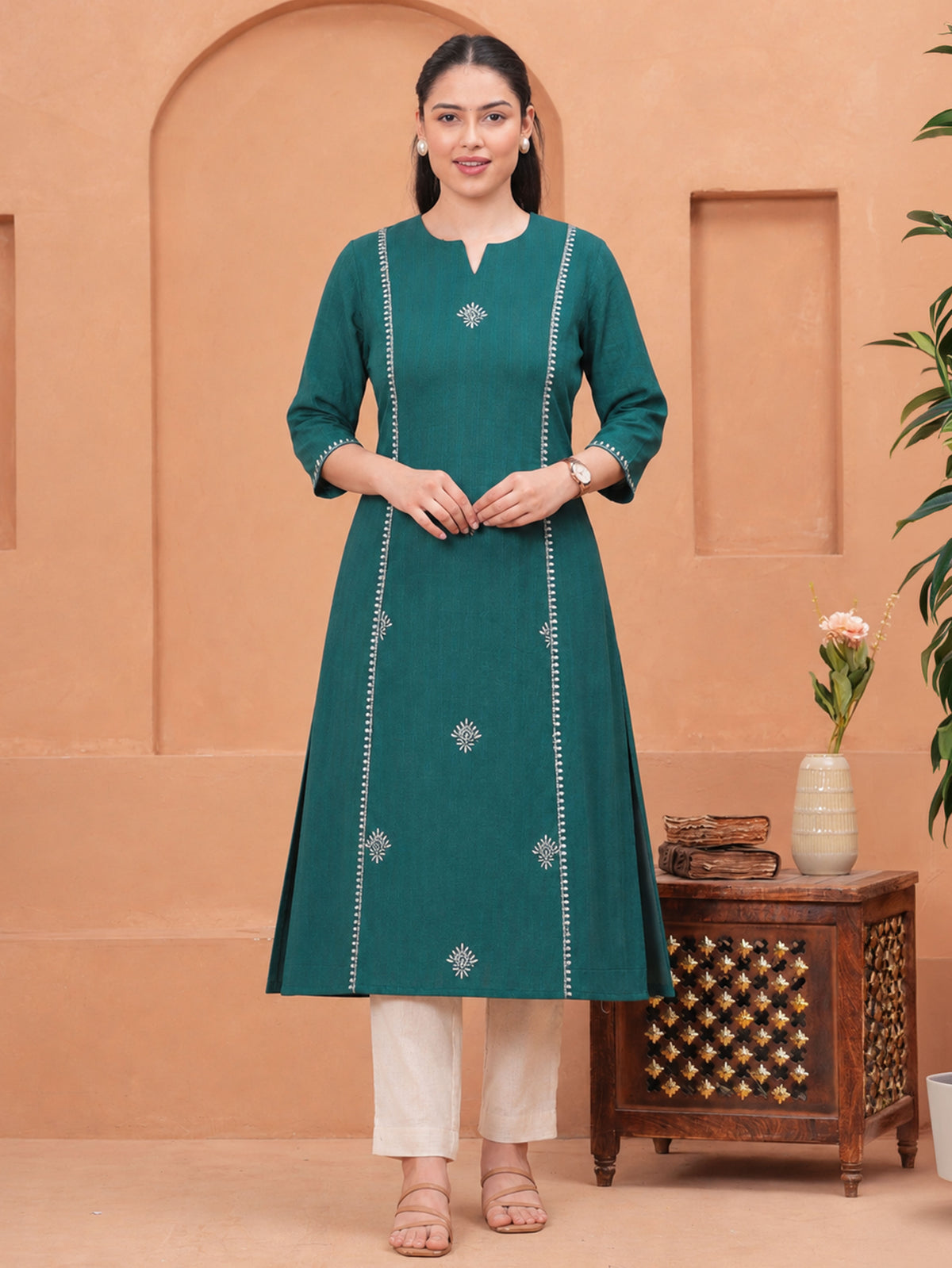 Embroidered Cotton Dobby Solid Straight Green Kurta