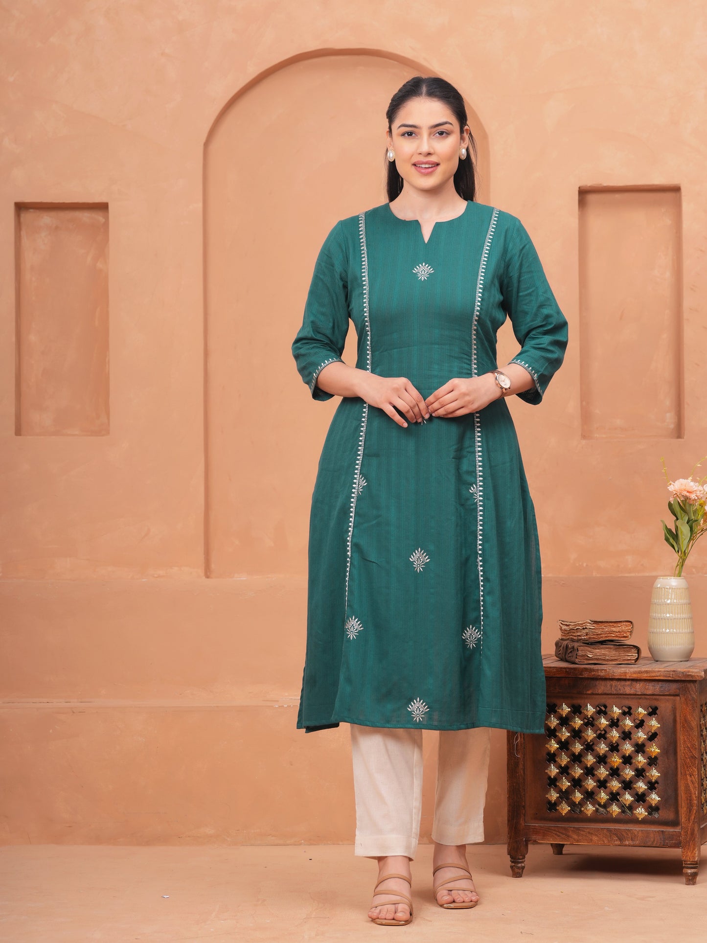 Embroidered Cotton Dobby Solid Straight Green Kurta