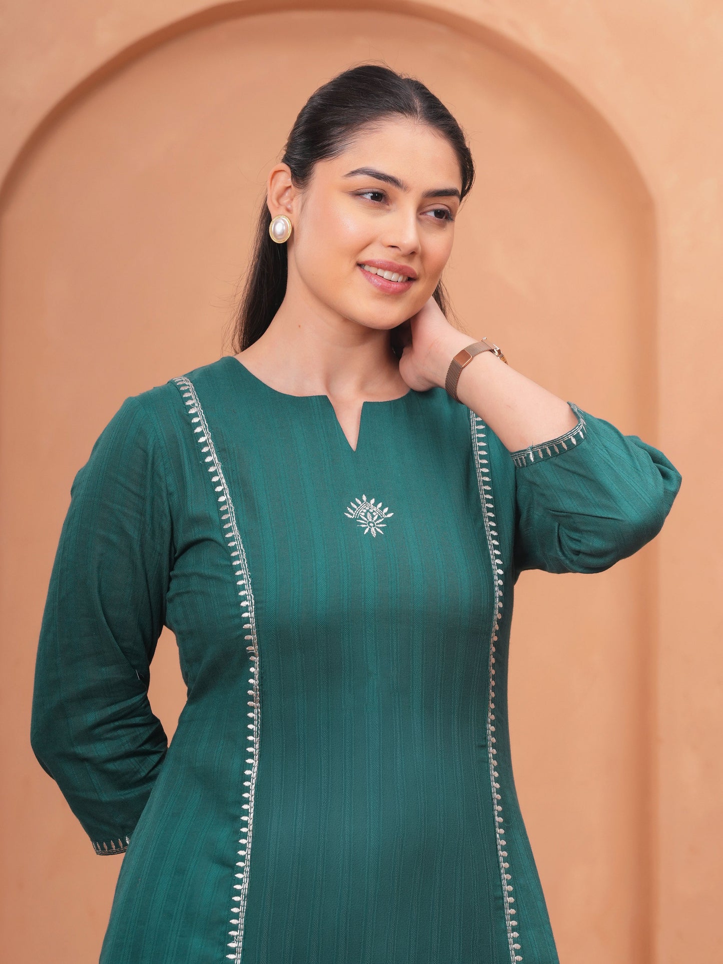 Embroidered Cotton Dobby Solid Straight Green Kurta