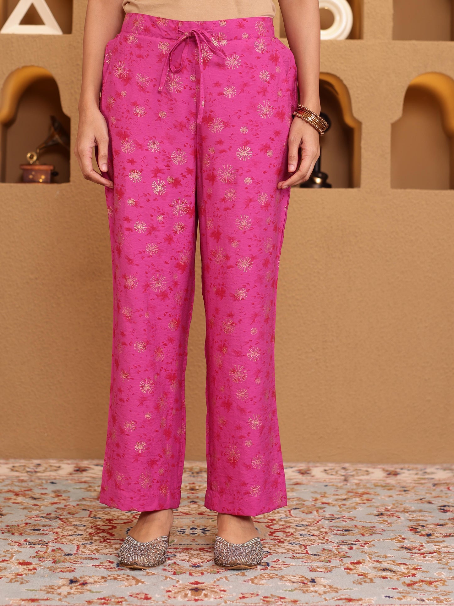 Viscose Gold foil Pink Straight Trousers