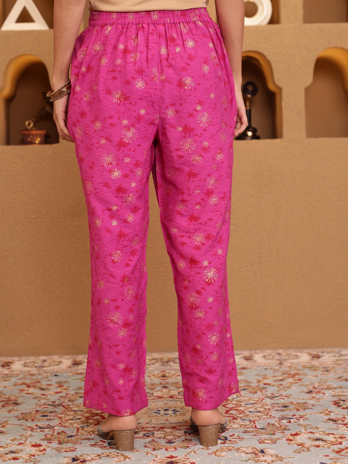 Viscose Gold foil Pink Straight Trousers