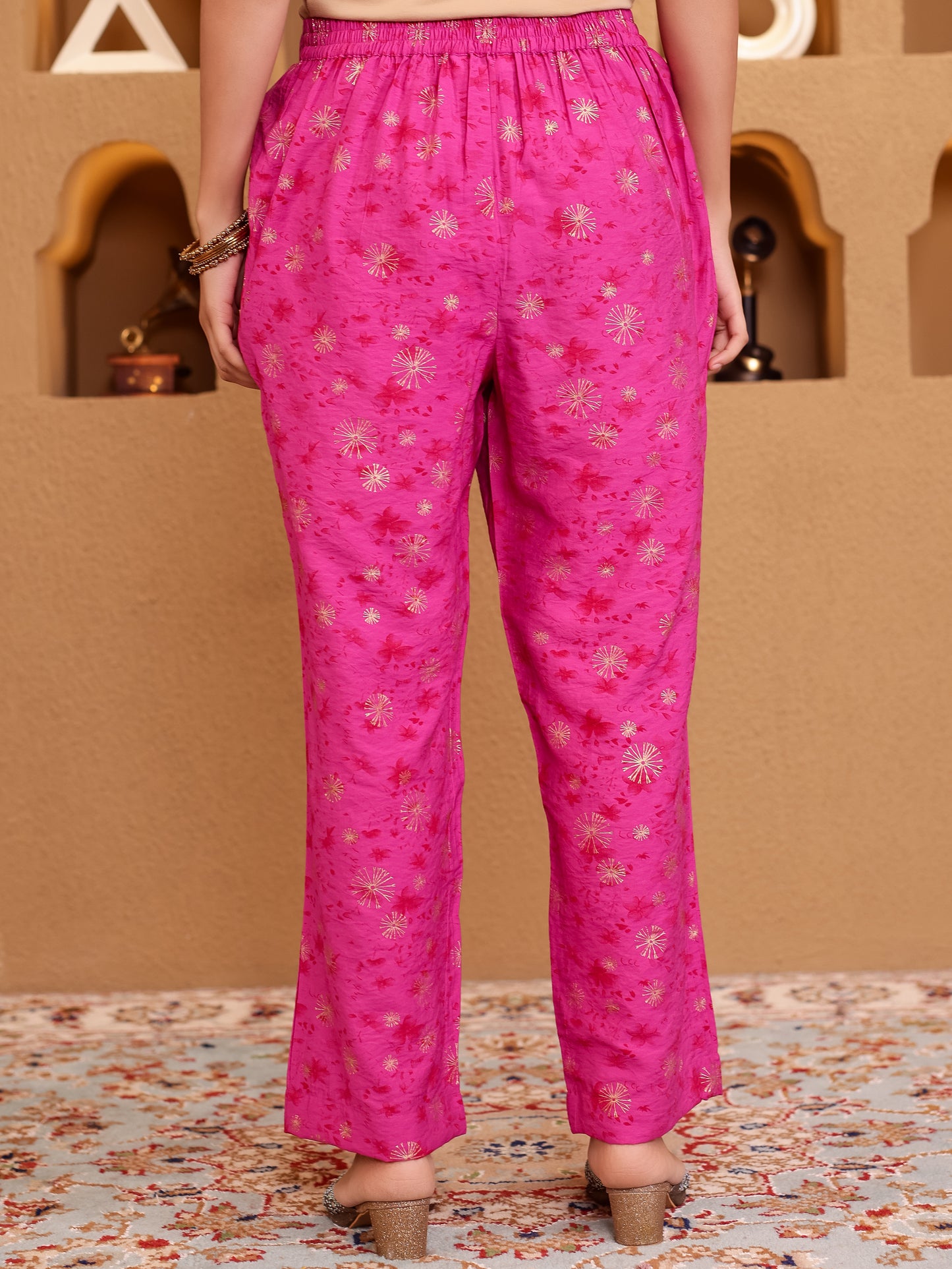 Viscose Gold foil Anarkali Pink Kurta