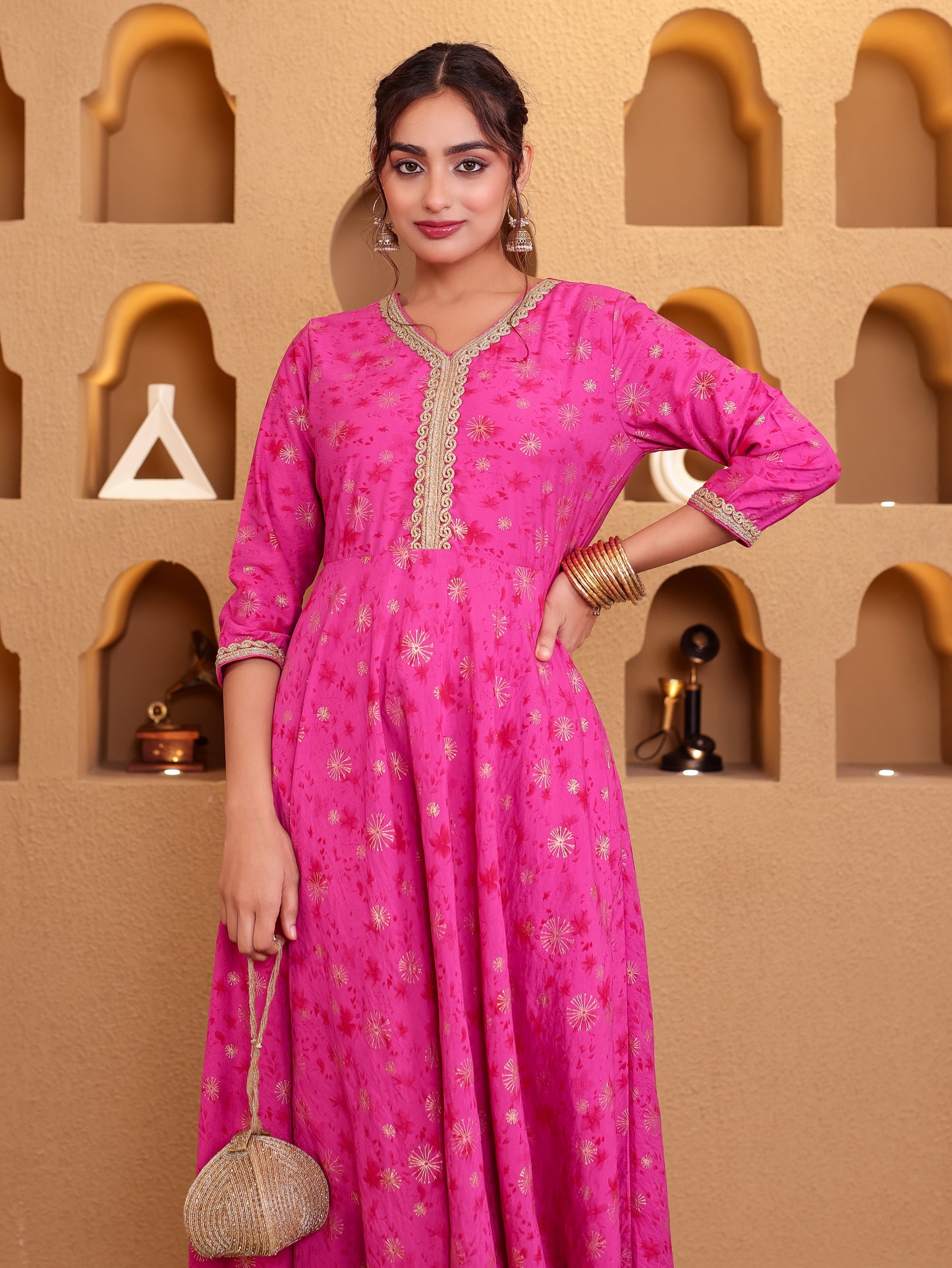 Viscose Gold foil Anarkali Pink Kurta