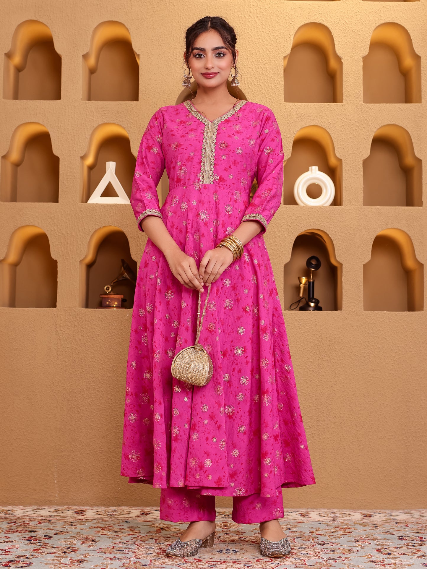 Viscose Gold foil Anarkali Pink Kurta