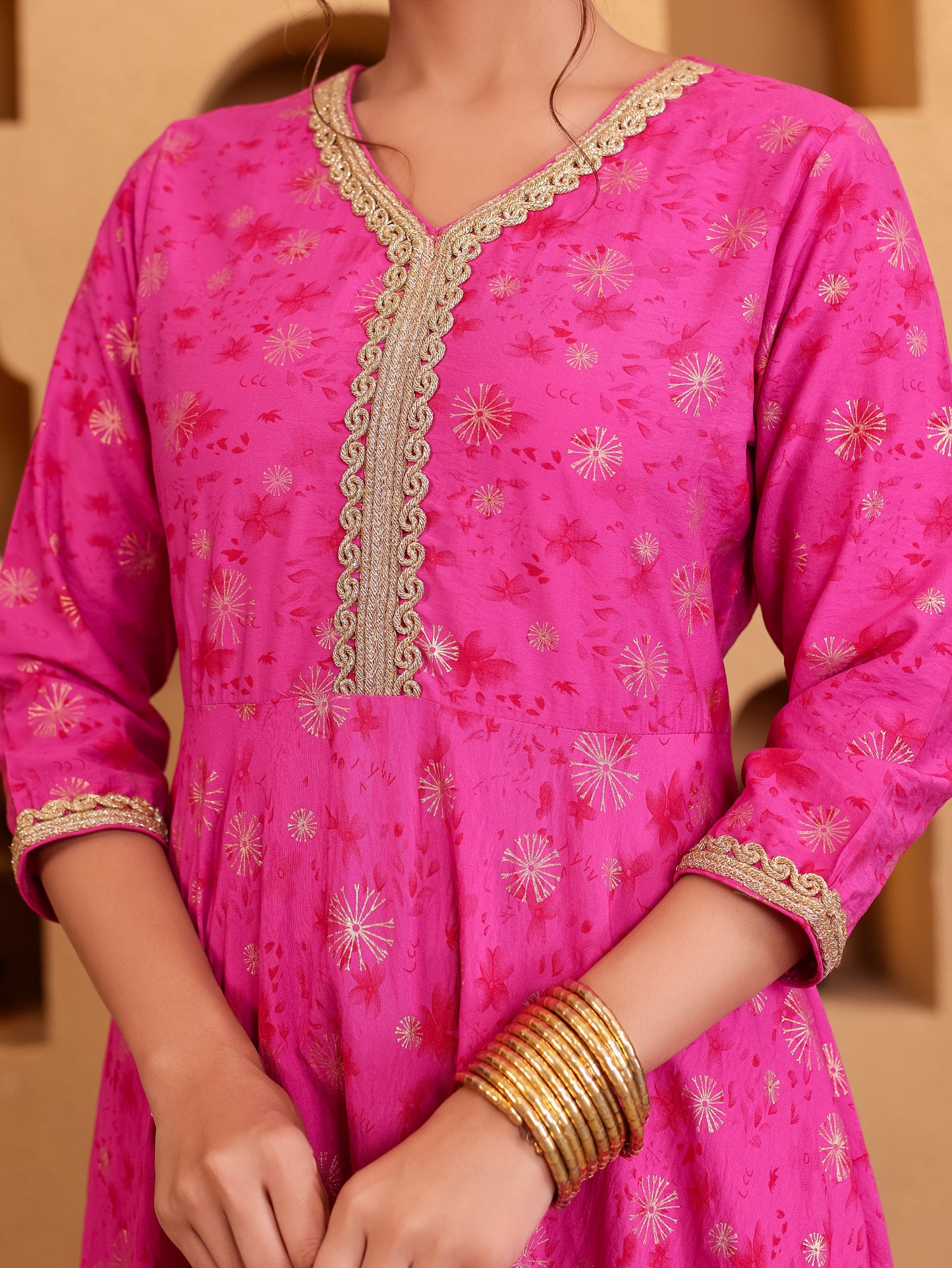 Viscose Gold foil Anarkali Pink Kurta