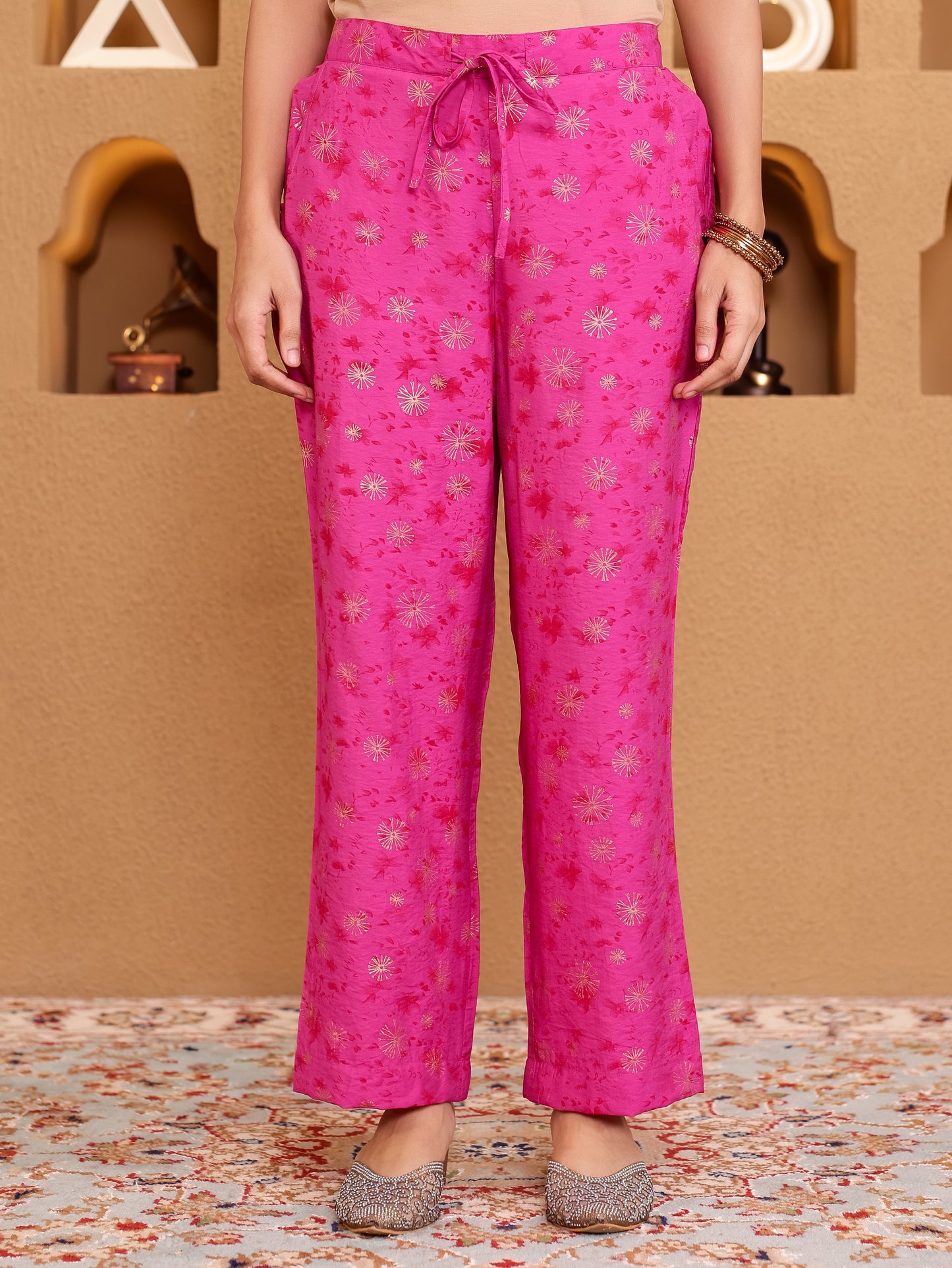 Viscose Gold foil Anarkali Pink Kurta