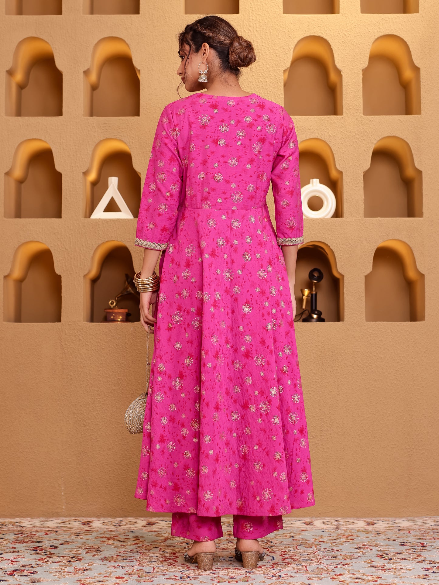 Viscose Gold foil Anarkali Pink Kurta