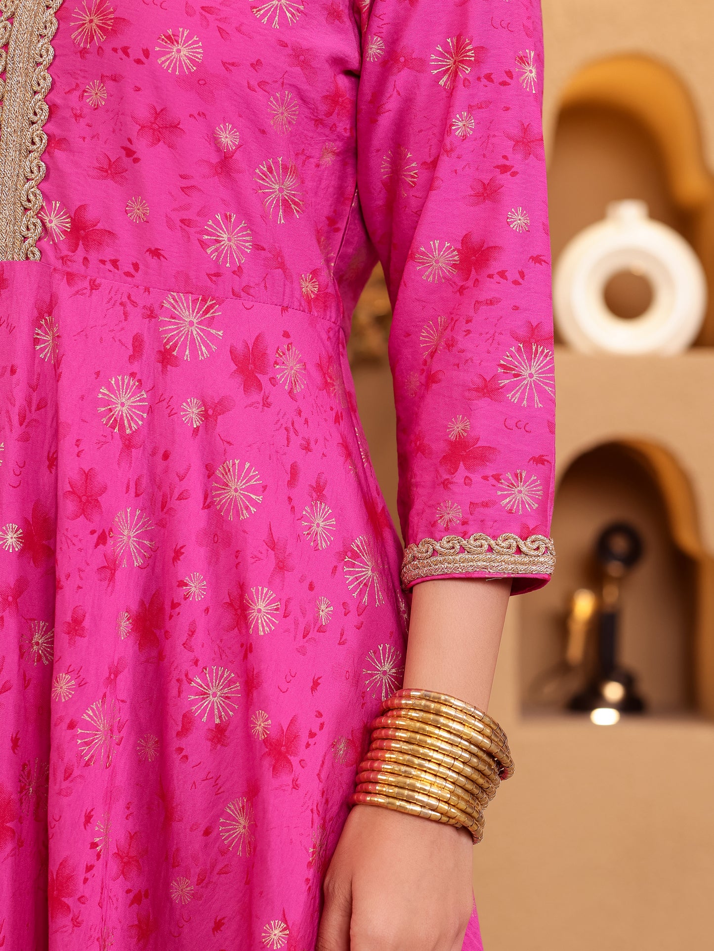 Viscose Gold foil Anarkali Pink Kurta