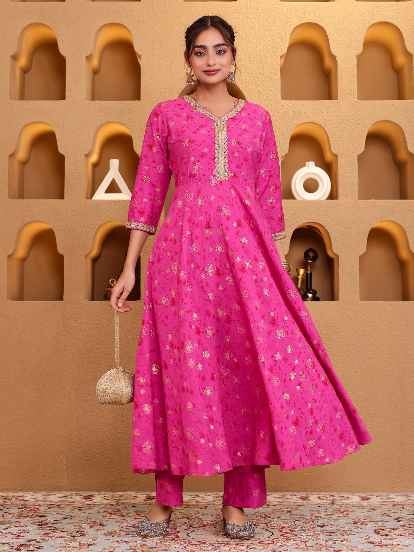 Viscose Gold foil Anarkali Pink Kurta